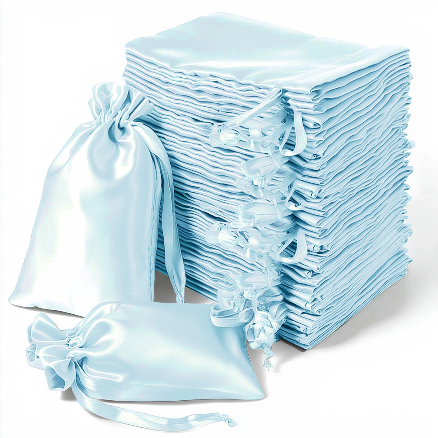 Light blue satin drawstring gift bags, 60 pack, perfect for weddings and parties.