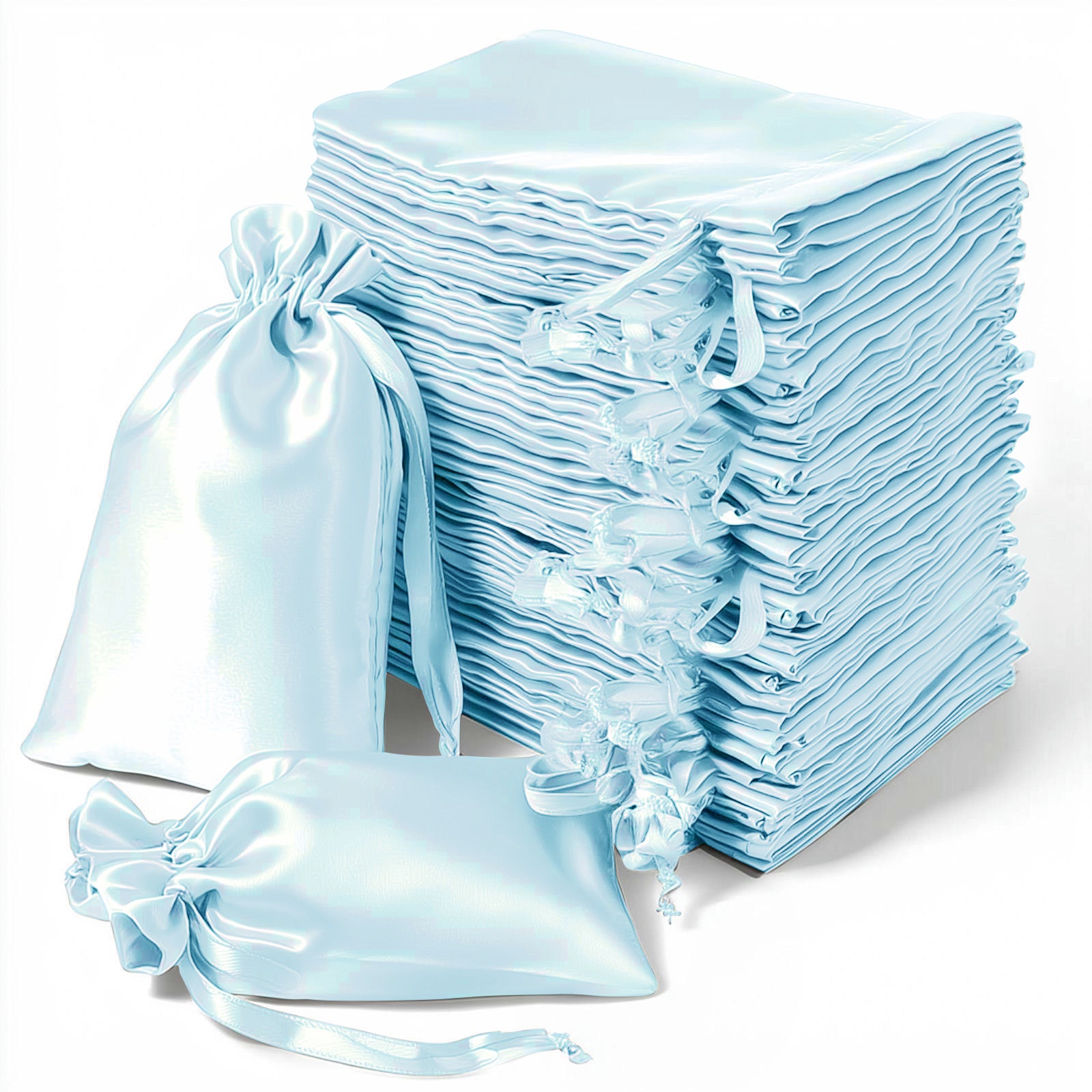 Light blue satin drawstring gift bags, 60 pack, perfect for weddings and parties.