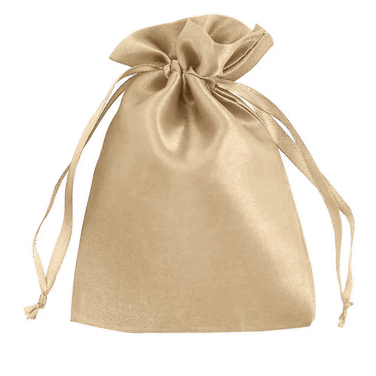 Champagne satin drawstring gift bag for wedding party favors.