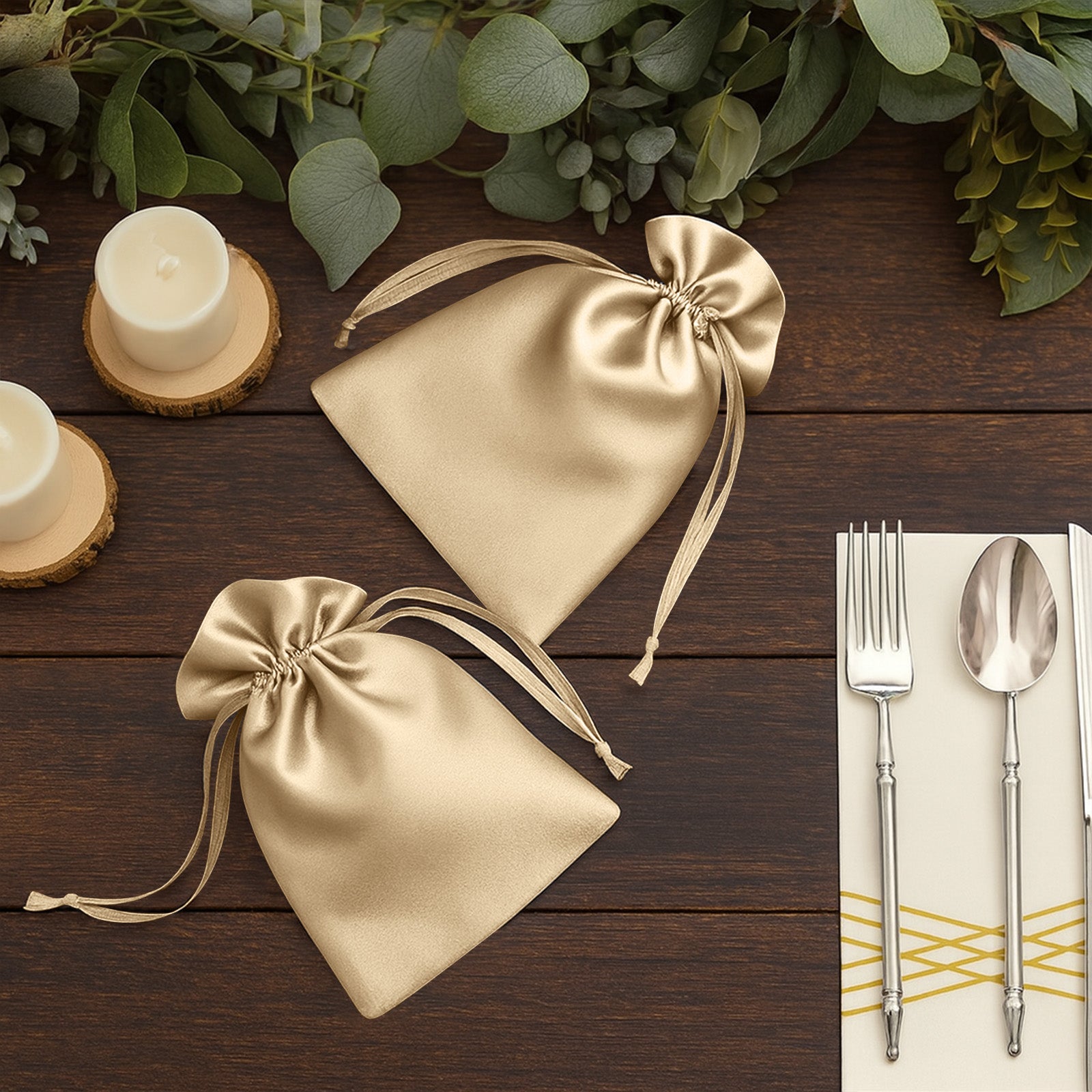 Champagne satin drawstring gift bags for weddings and parties.