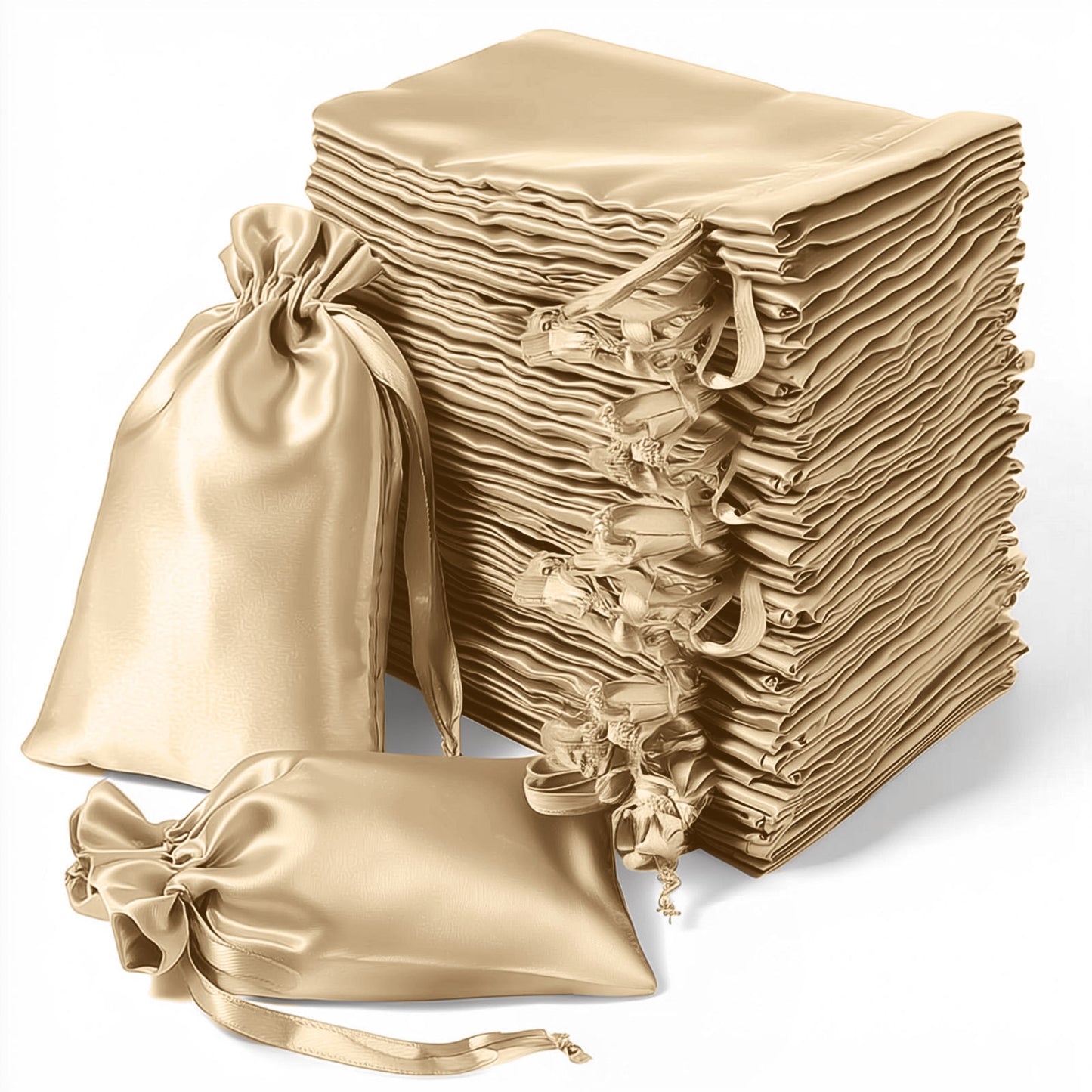 Champagne satin drawstring wedding favor gift bags, 60 pack.