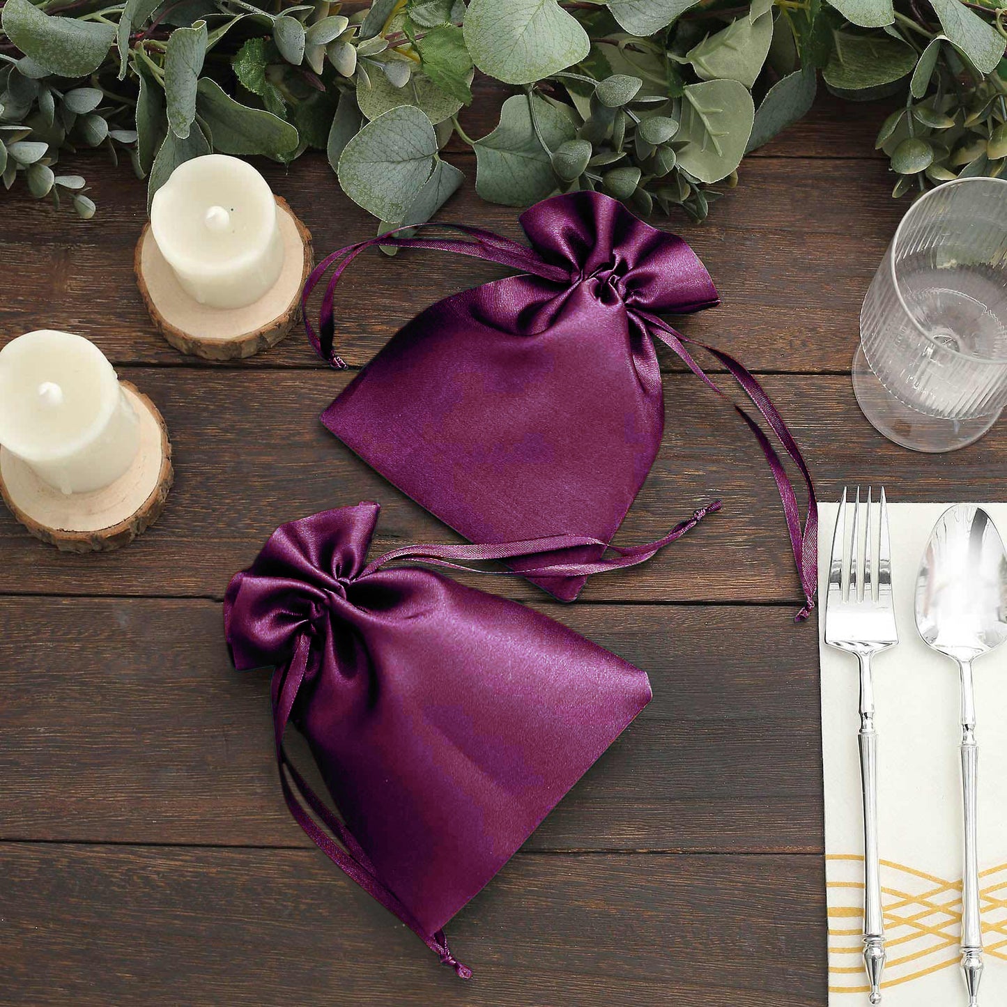 Eggplant satin drawstring gift bags for weddings and parties. 60 pack.