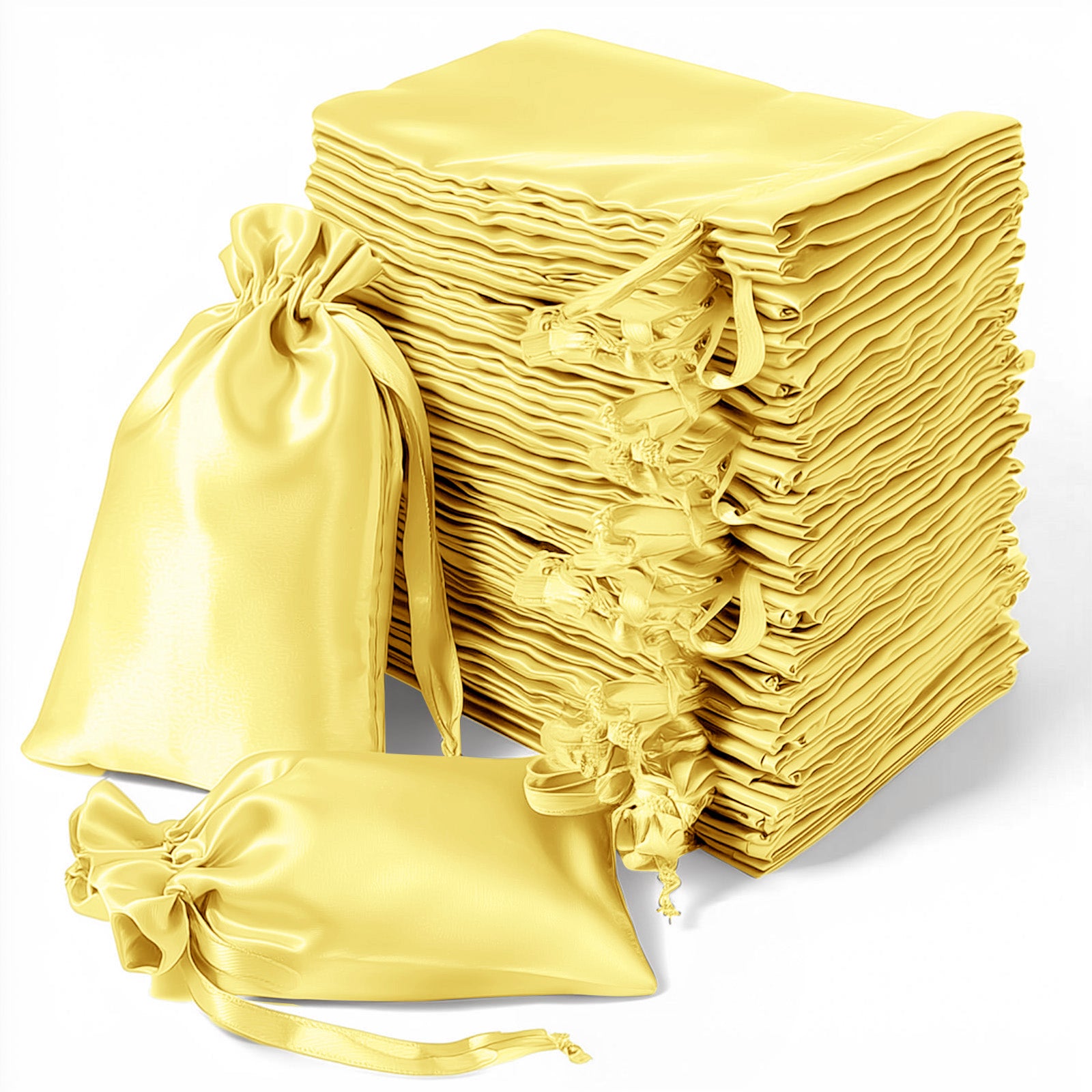 Gold satin drawstring gift bags for weddings and parties, 60 pack.