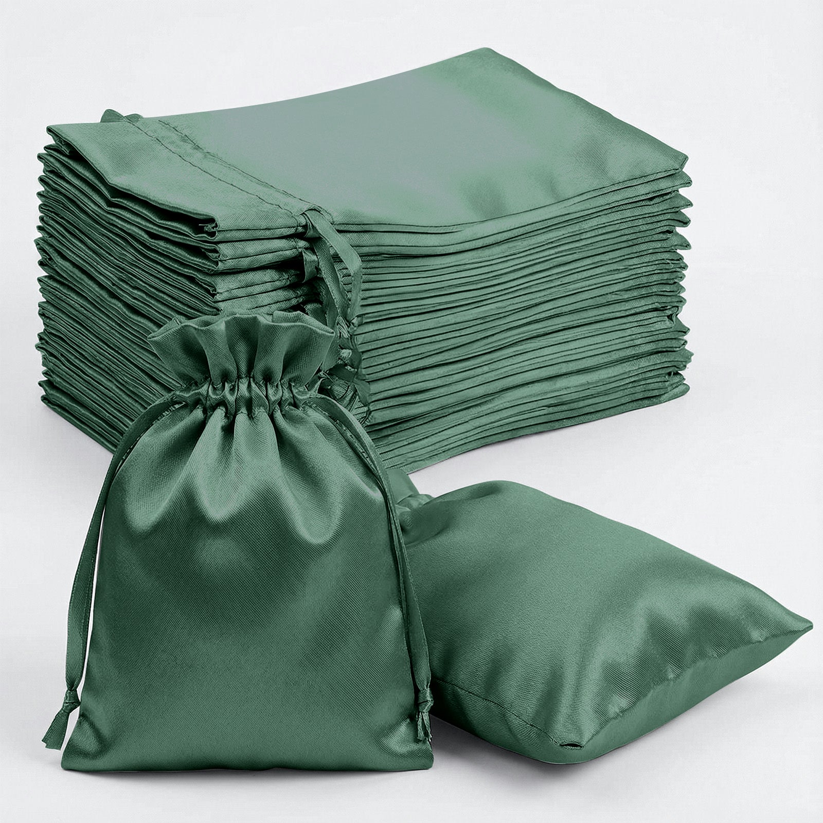 Hunter emerald green satin drawstring gift bags, 60 pack.