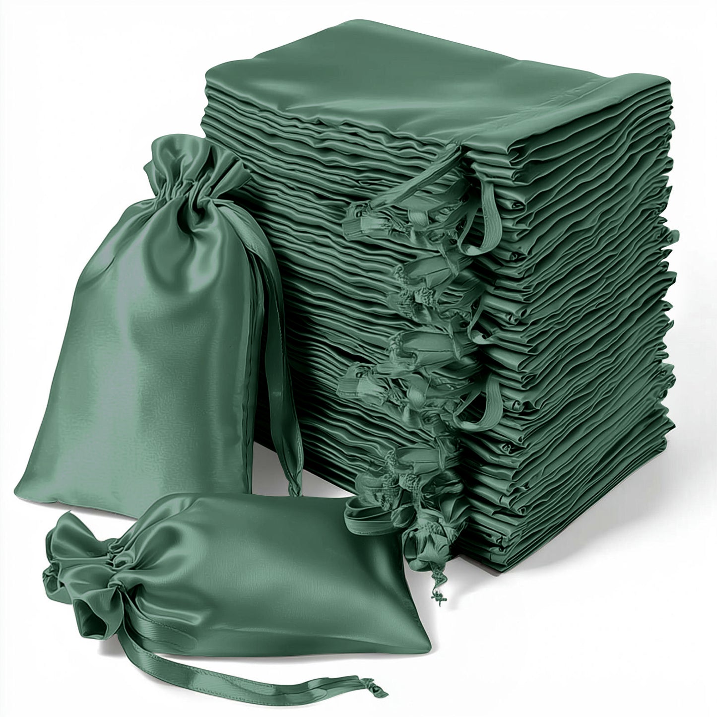 Hunter emerald green satin drawstring gift bags, 60 pack, perfect for weddings and parties.