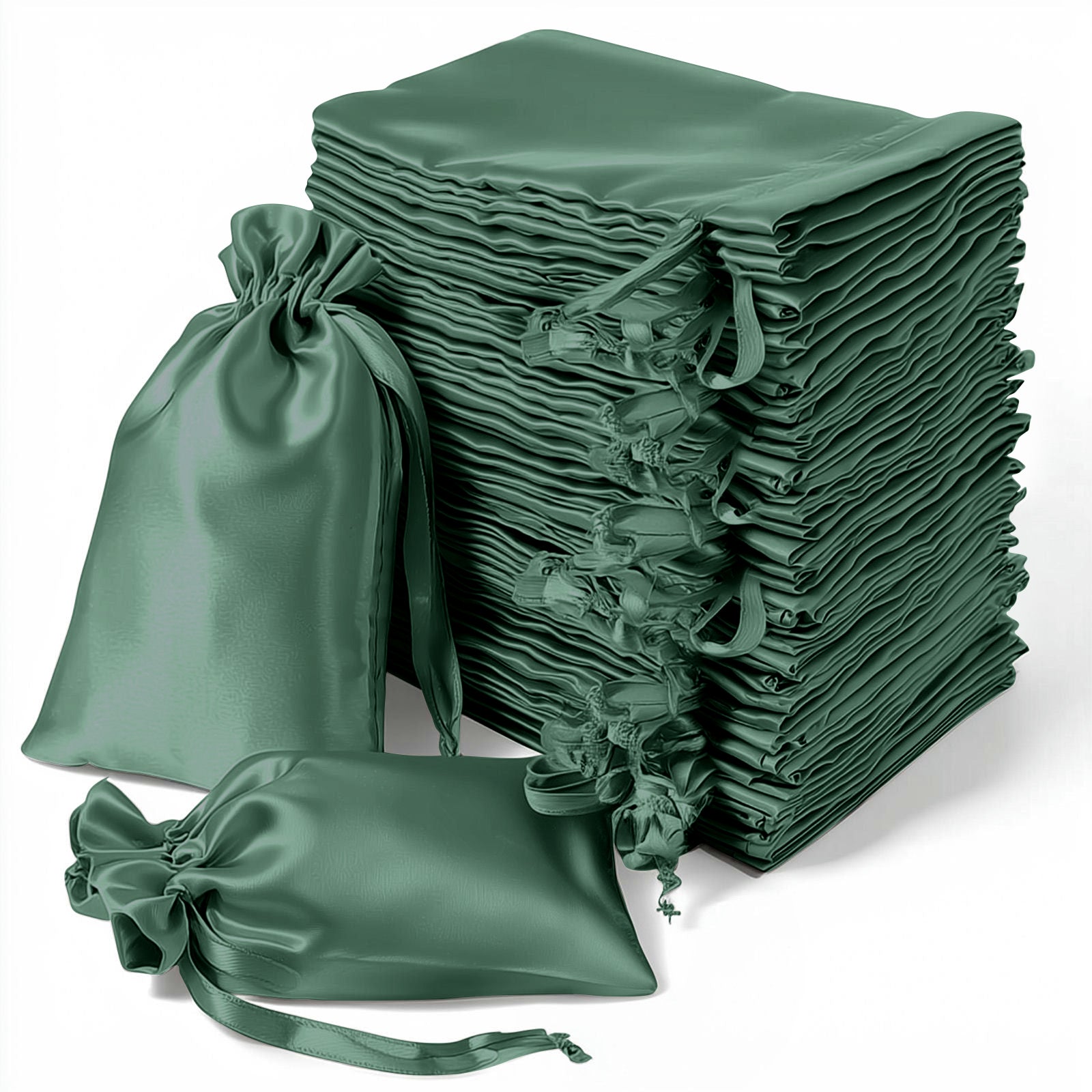 Hunter emerald green satin drawstring gift bags, 60 pack, perfect for weddings and parties.