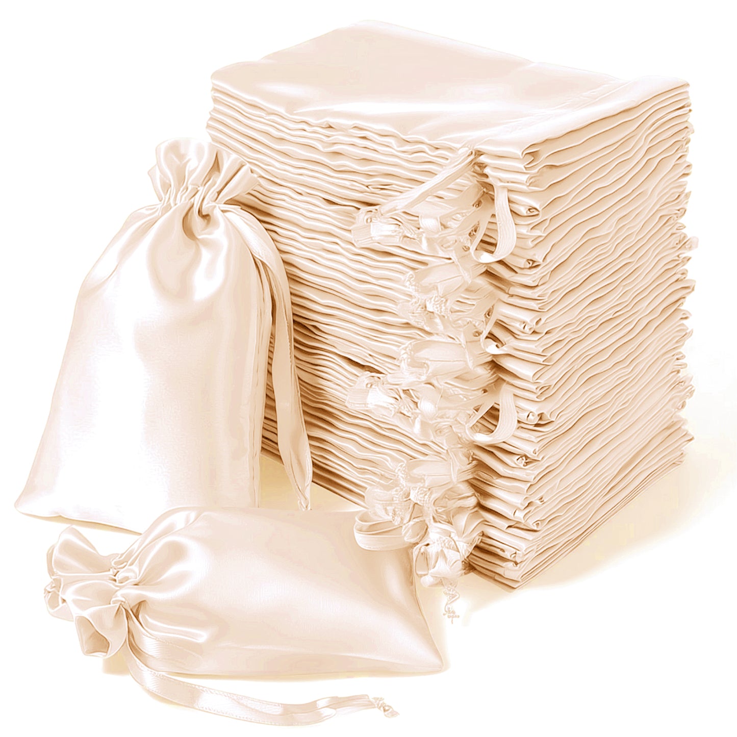 Peach satin drawstring gift bags for weddings and parties, 60-pack.