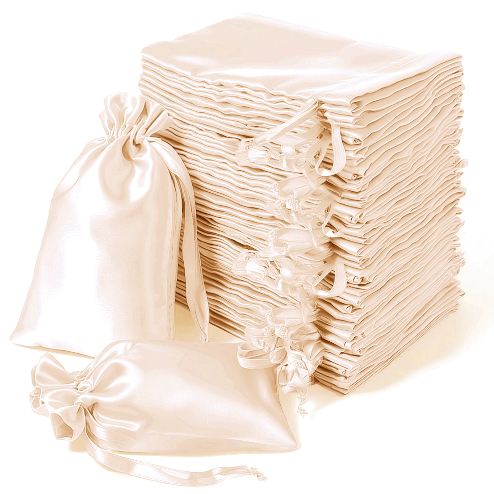 Peach satin drawstring gift bags for weddings and parties, 60-pack.