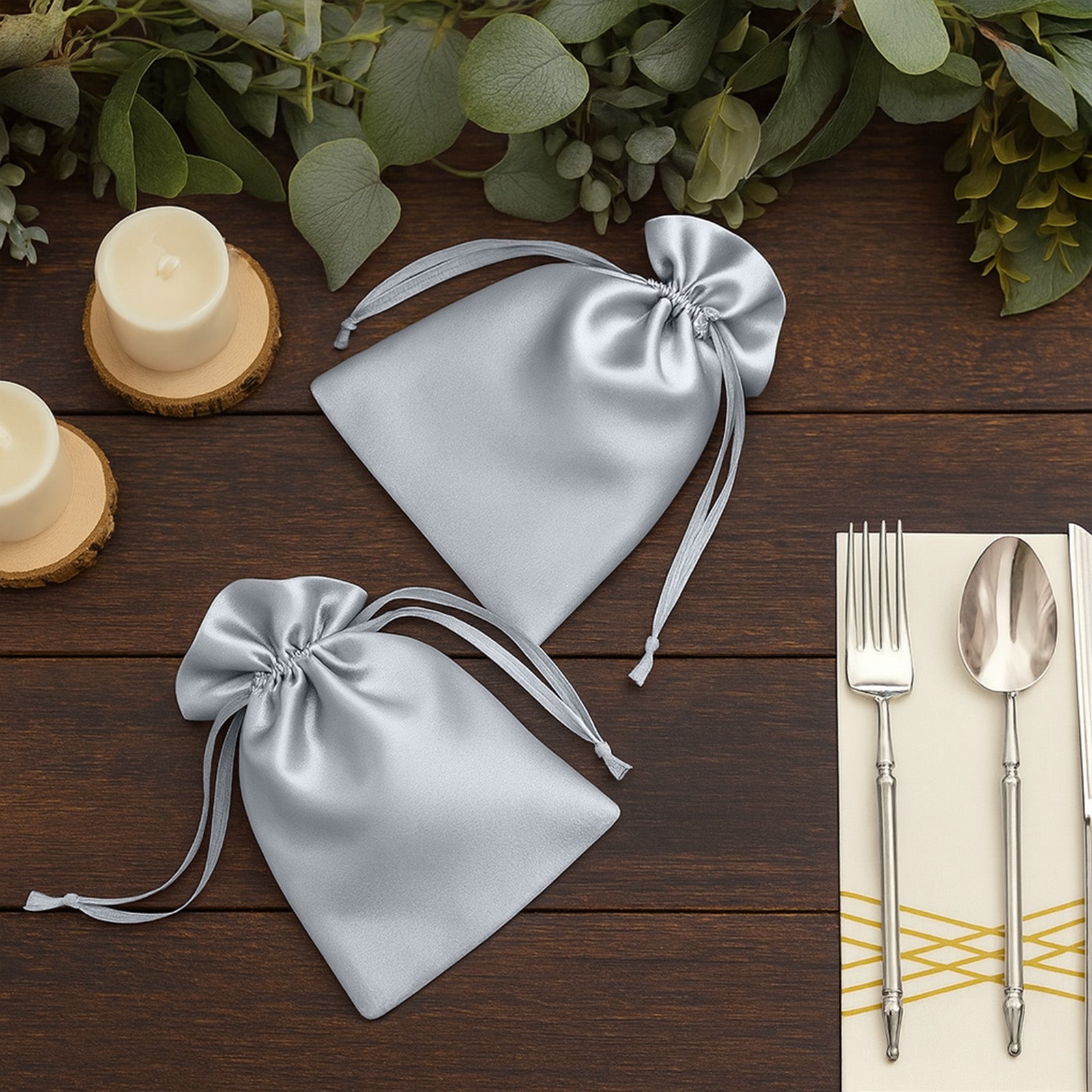 Silver satin drawstring wedding favor bags on a wooden surface.