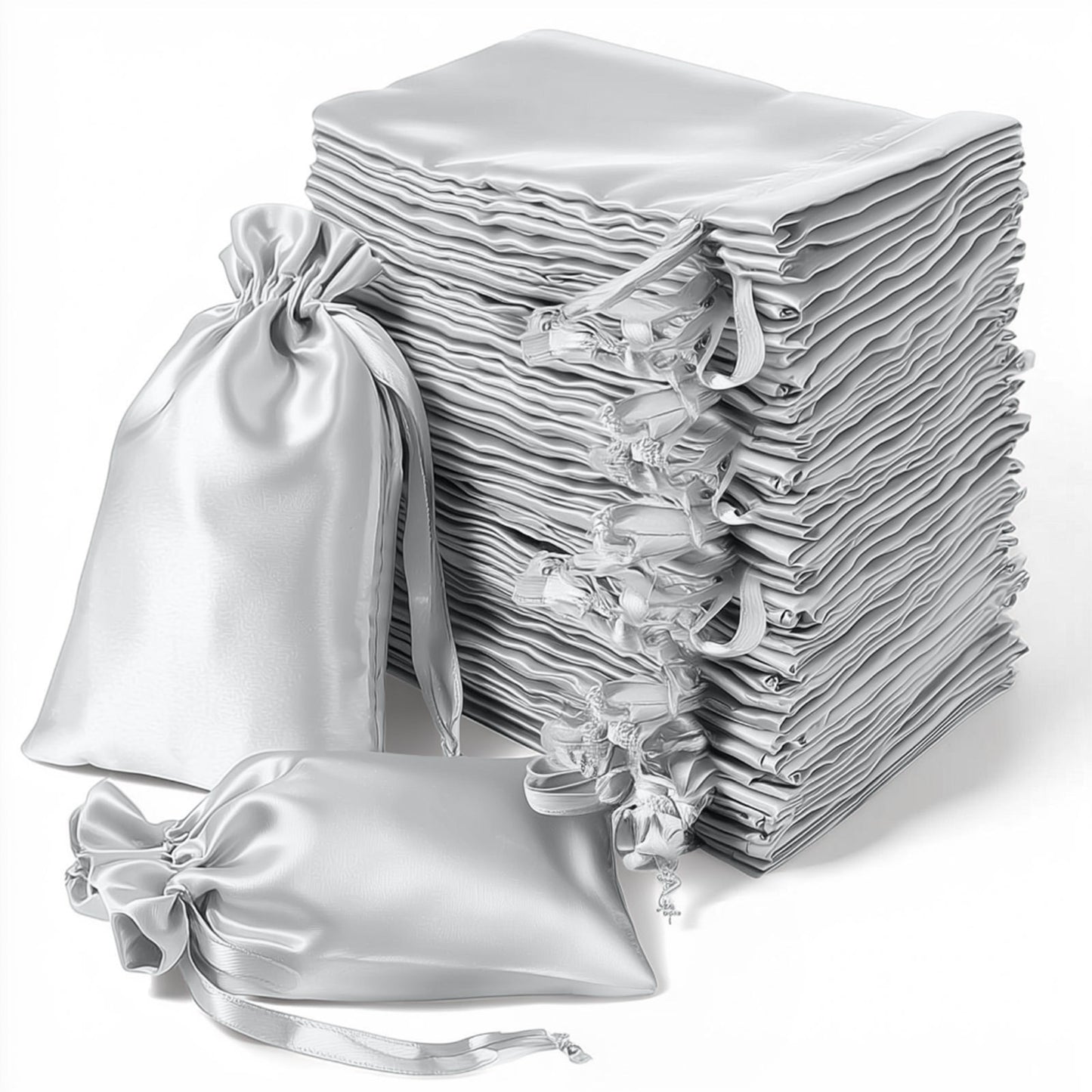 Silver satin drawstring gift bags for wedding party favors, 60 pack.