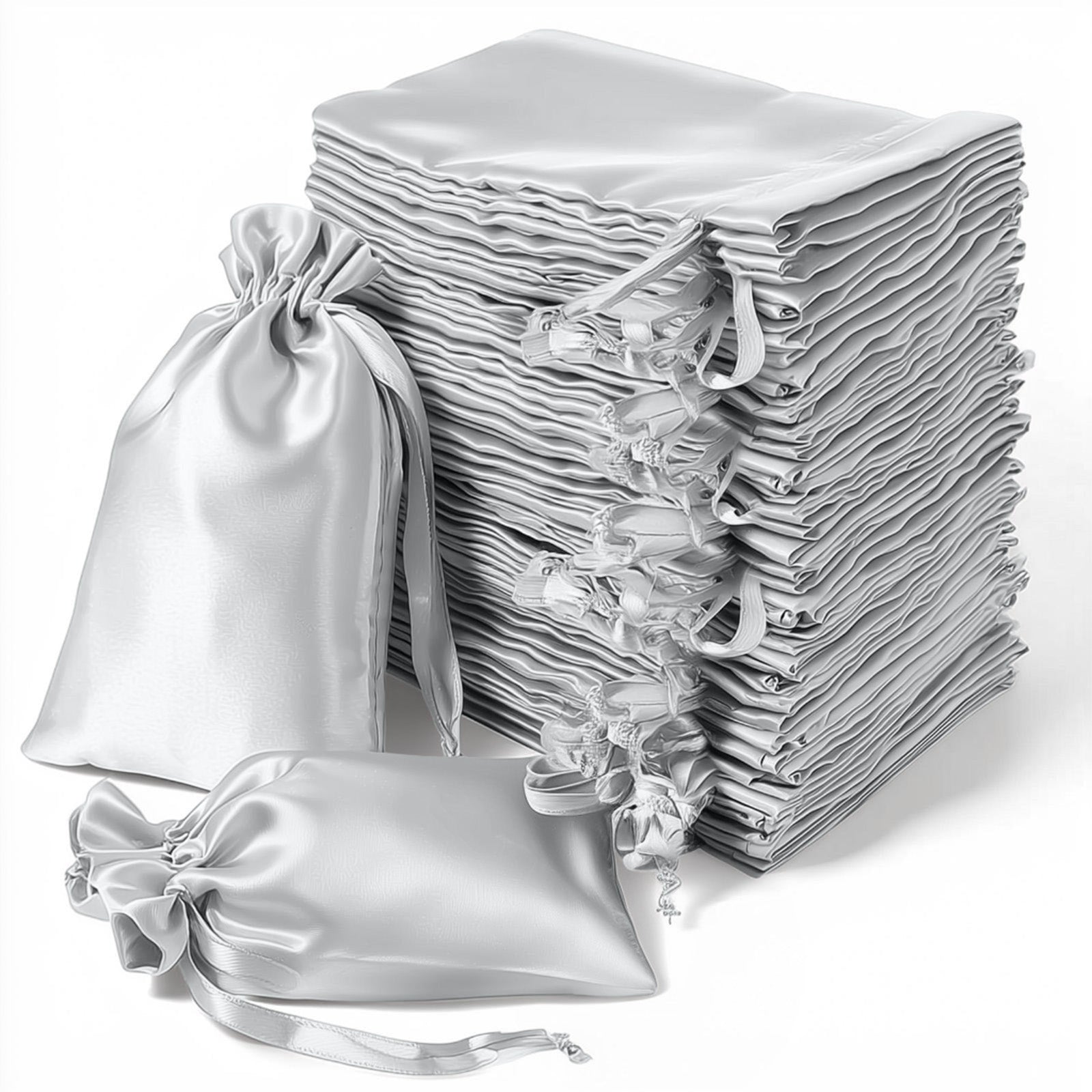 Silver satin drawstring gift bags for wedding party favors, 60 pack.