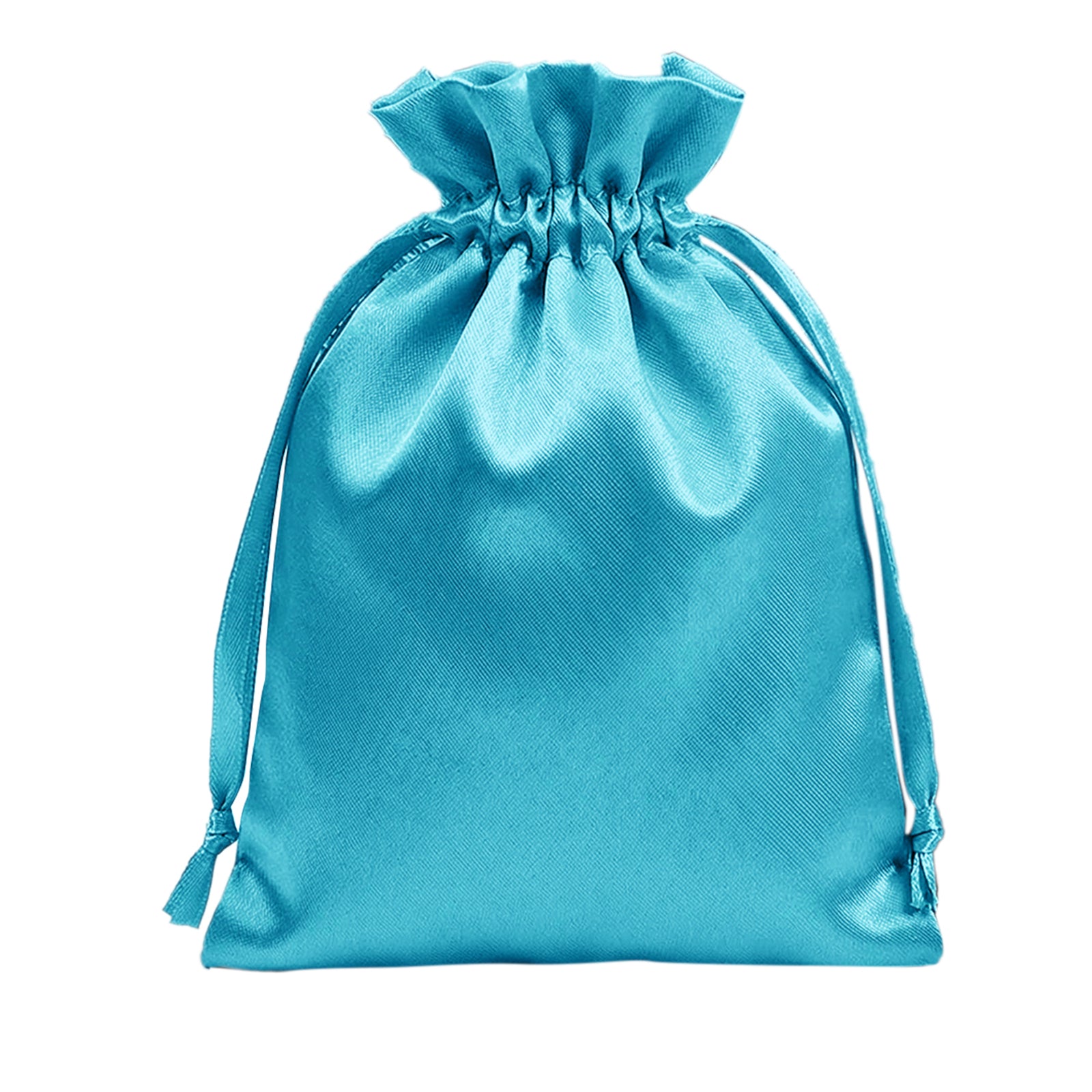 Turquoise satin drawstring gift bag for wedding favors.