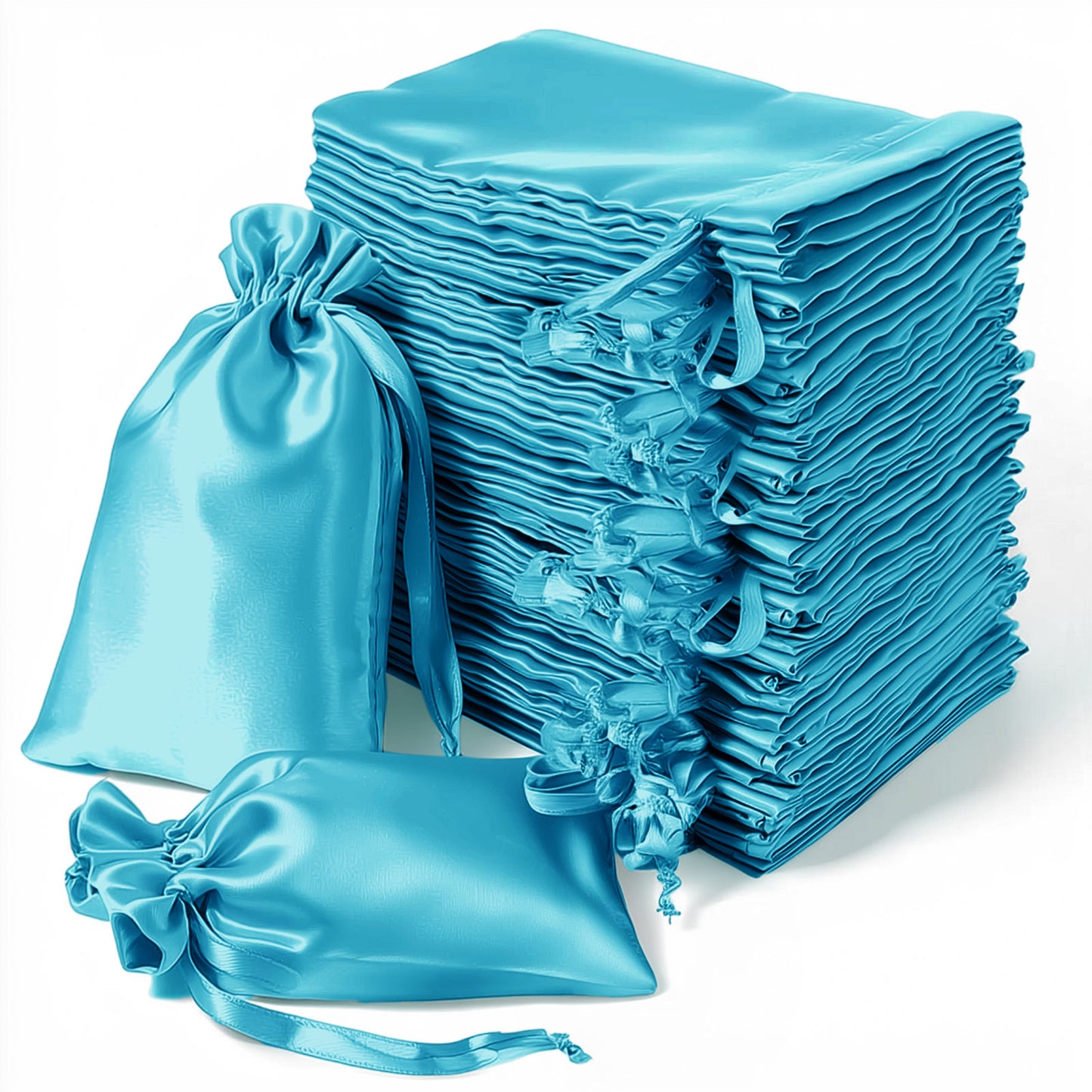 Turquoise satin drawstring bags for wedding party favors, 60 pack.