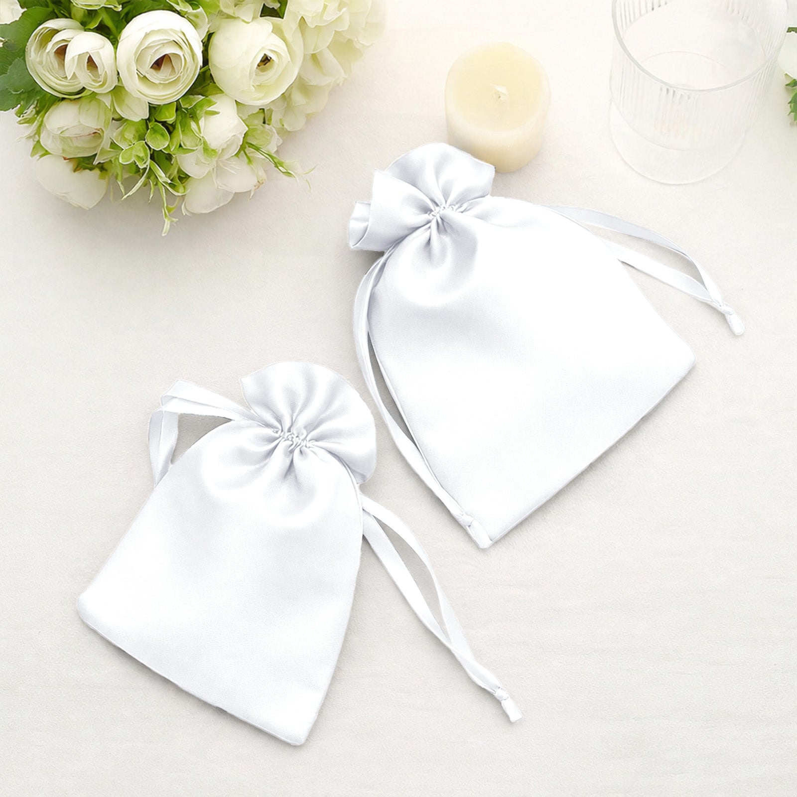 White satin drawstring wedding favor bags, 60 pack, 5"x7".