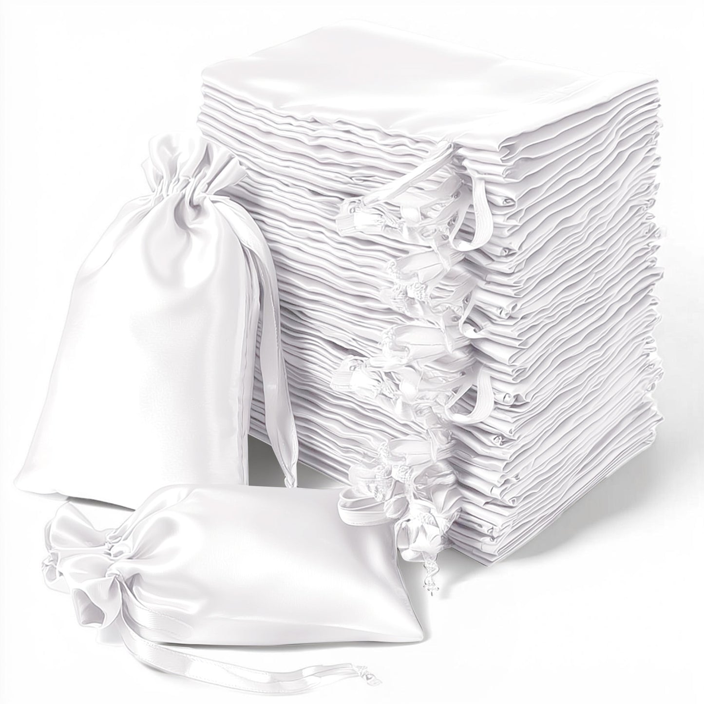 White satin drawstring gift bags for weddings and parties, 60 pack.