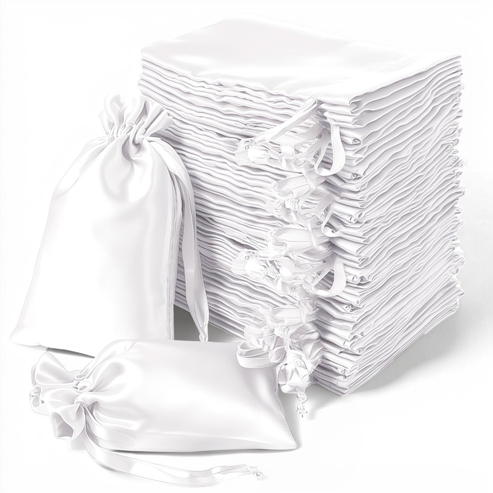 White satin drawstring gift bags for weddings and parties, 60 pack.