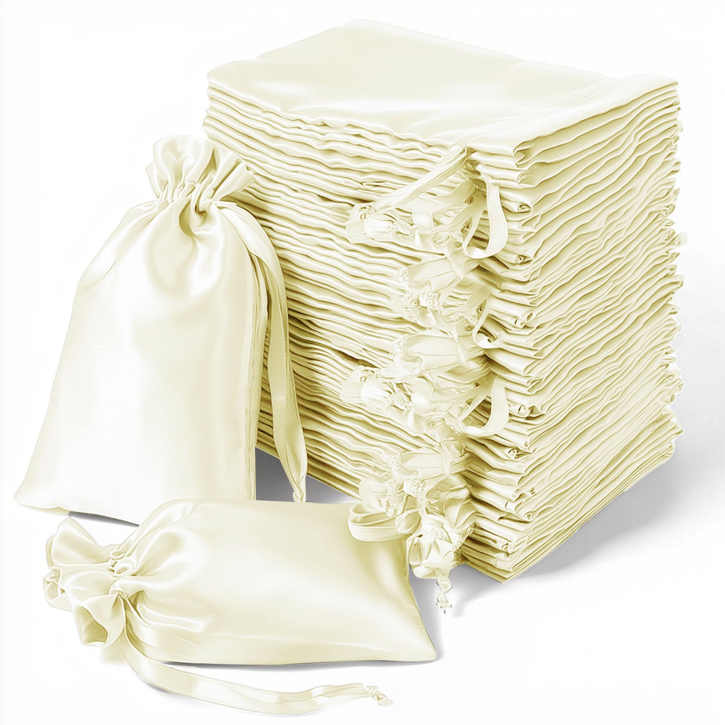Yellow satin drawstring gift bags for weddings and parties.