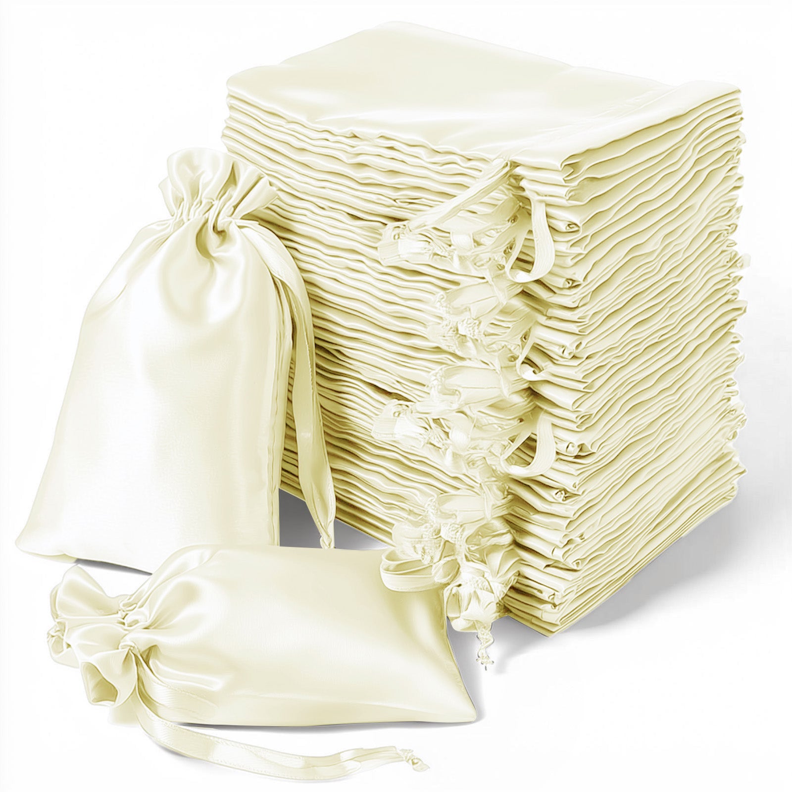 Yellow satin drawstring gift bags for weddings and parties.