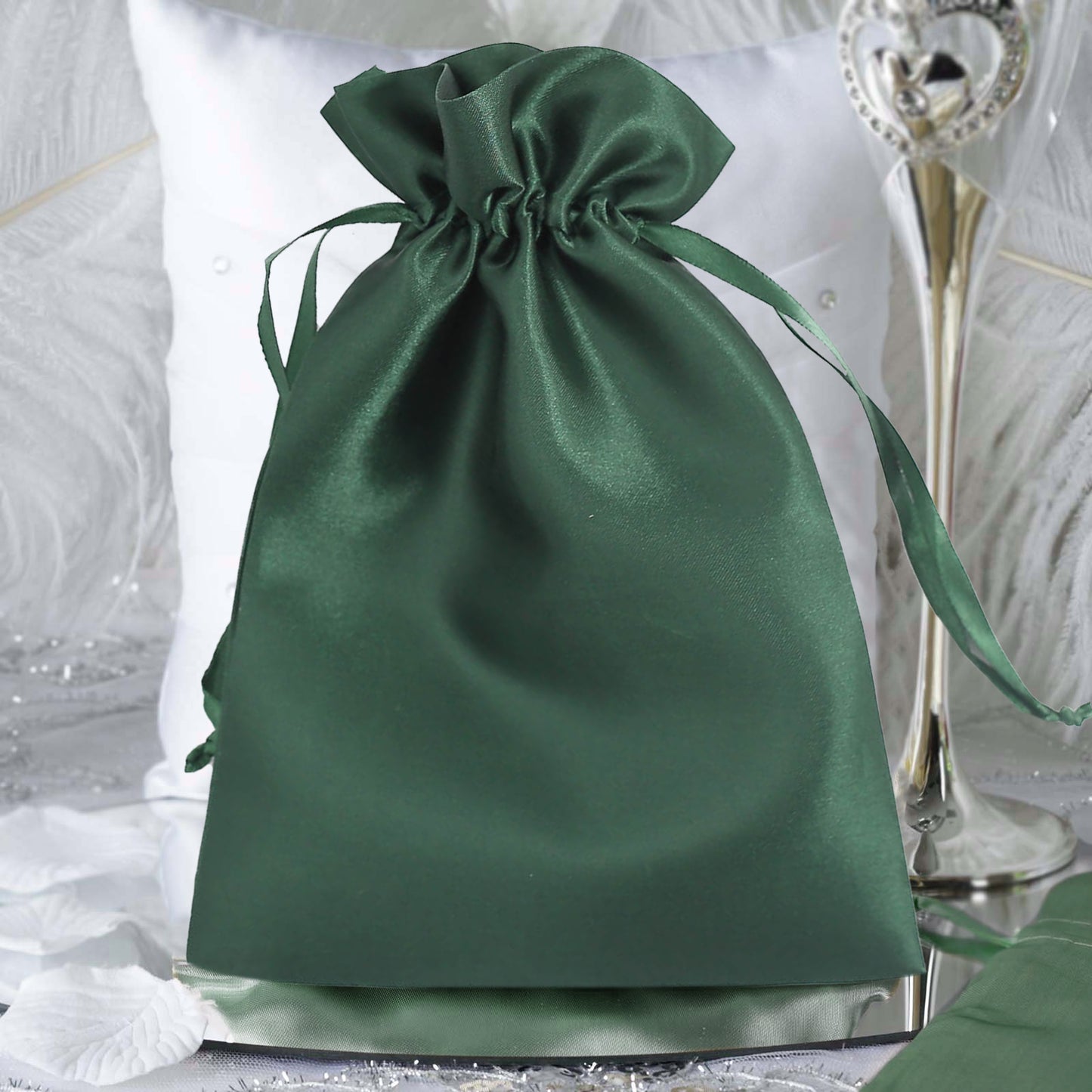 12 Pack | 6"x9" Hunter Emerald Green Satin Wedding Party Favor Bags, Drawstring Pouch Gift Bags