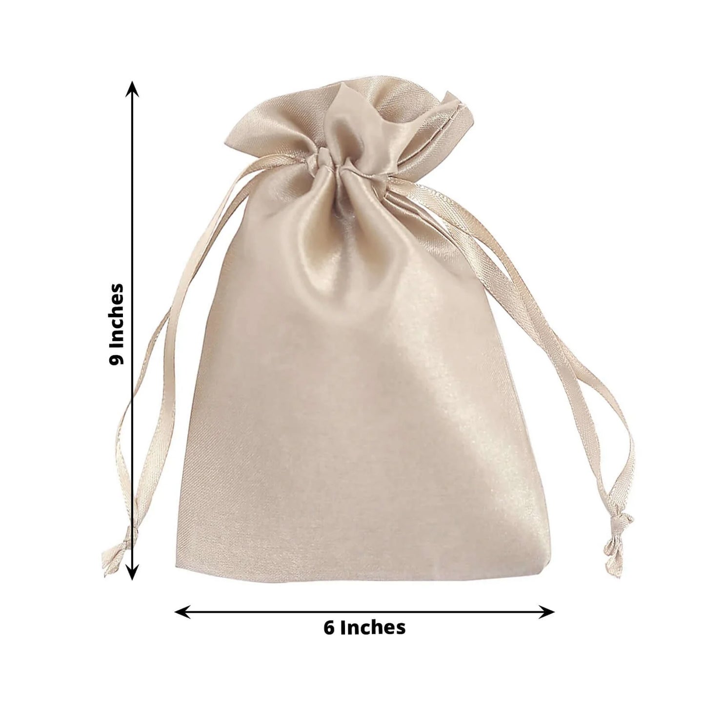 Beige satin drawstring pouch gift bag for weddings and parties.