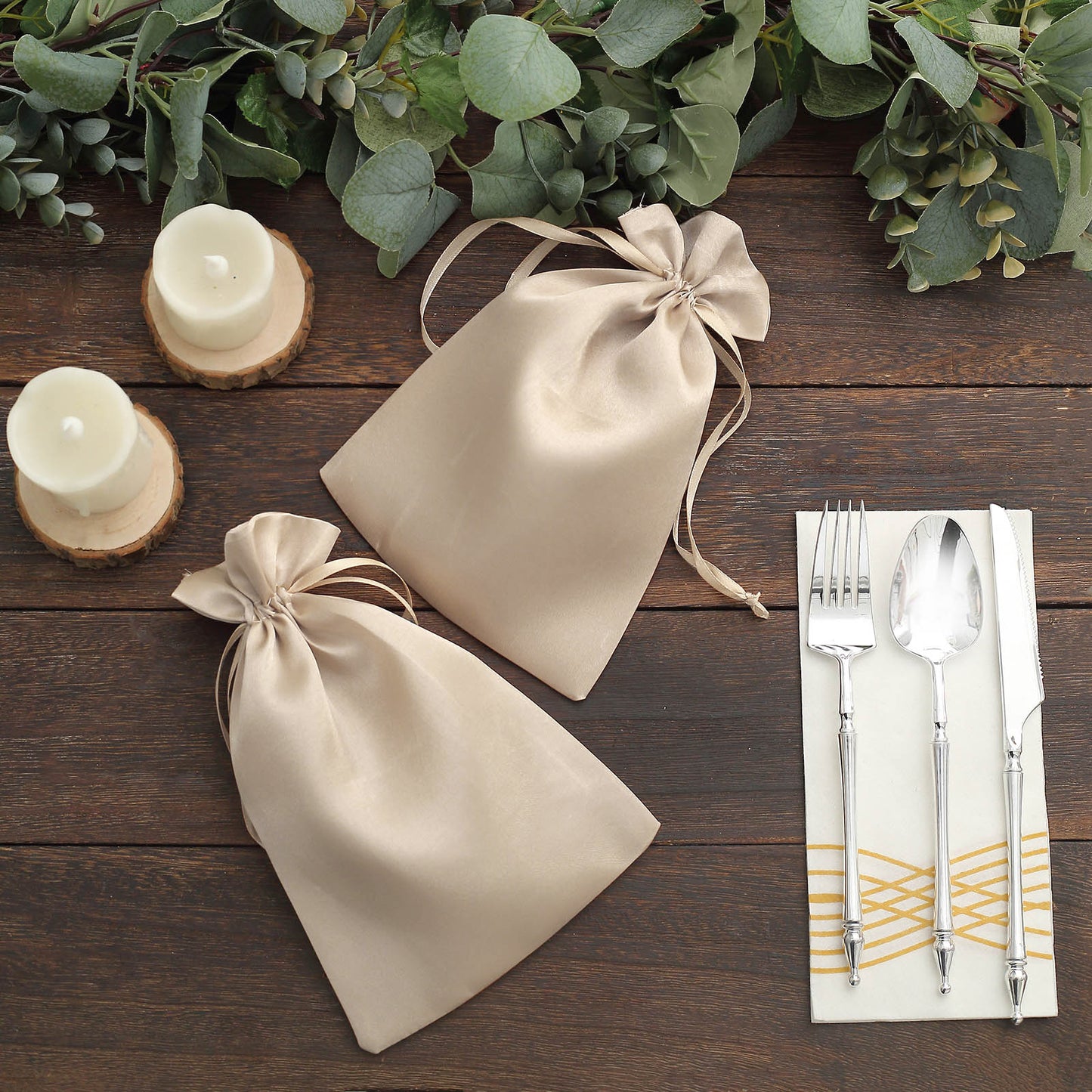 Beige satin wedding favor bags with drawstring, set of 60.