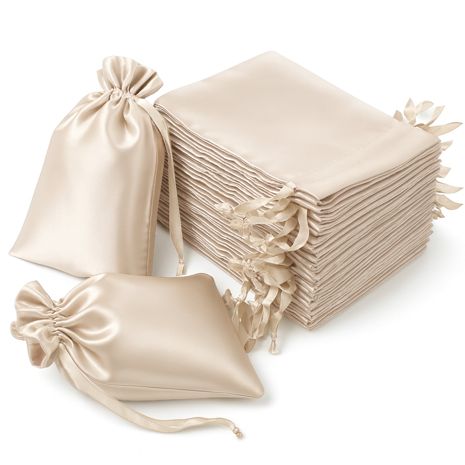 Beige satin wedding favor bags, 60 pack, drawstring pouches.