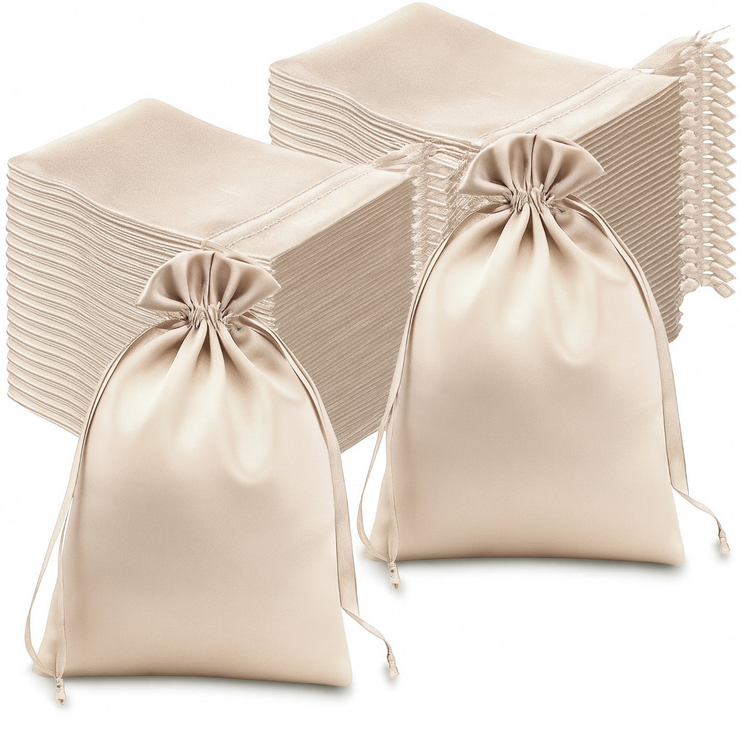 Beige satin drawstring gift bags for weddings, 60 pack.