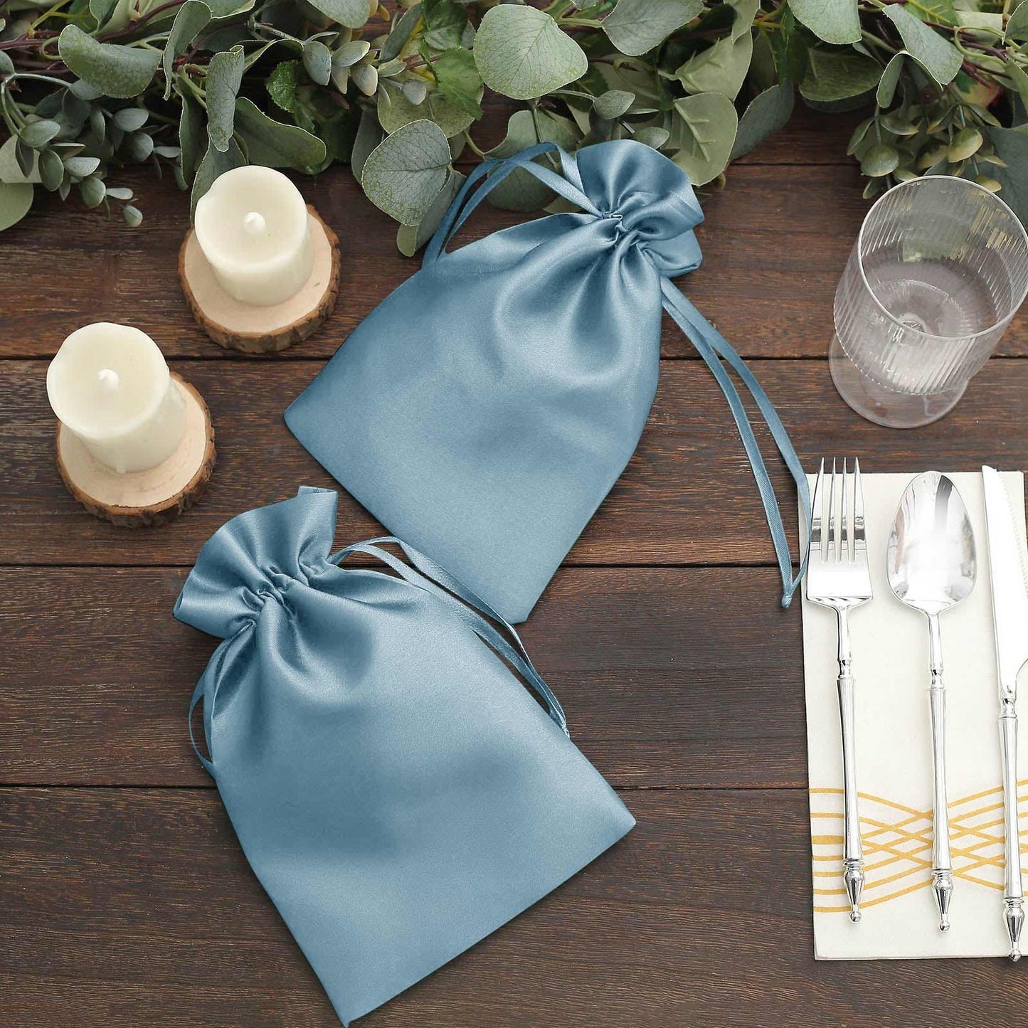 60 Pack 6"x9" Dusty Blue Satin Wedding Party Favor Bags, Drawstring Pouch Gift Bags