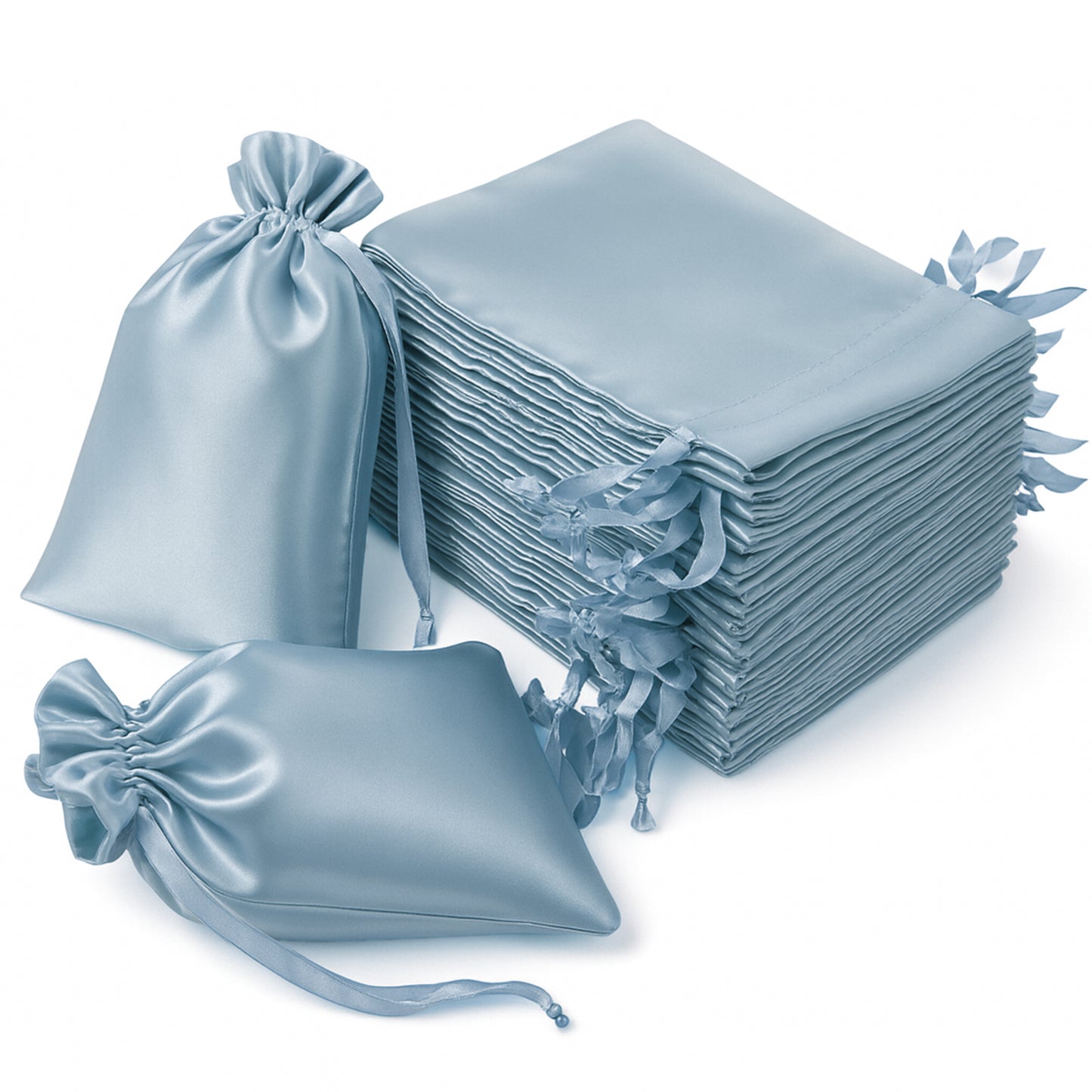 60 Pack 6"x9" Dusty Blue Satin Wedding Party Favor Bags, Drawstring Pouch Gift Bags