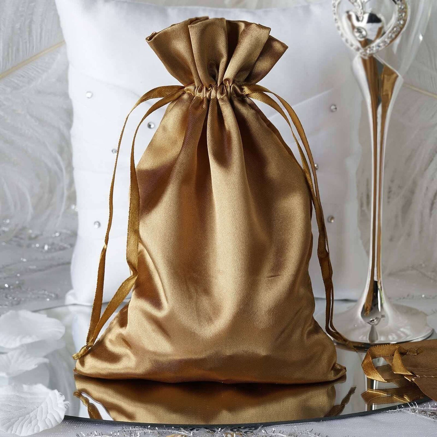 60 Pack 6"x9" Antique Gold Satin Wedding Party Favor Bags, Drawstring Pouch Gift Bags