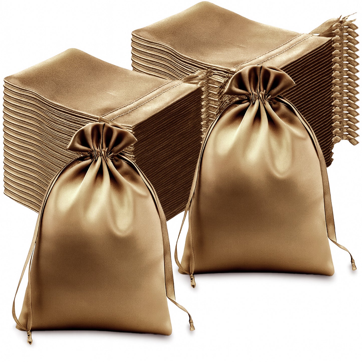 60 Pack 6"x9" Antique Gold Satin Wedding Party Favor Bags, Drawstring Pouch Gift Bags