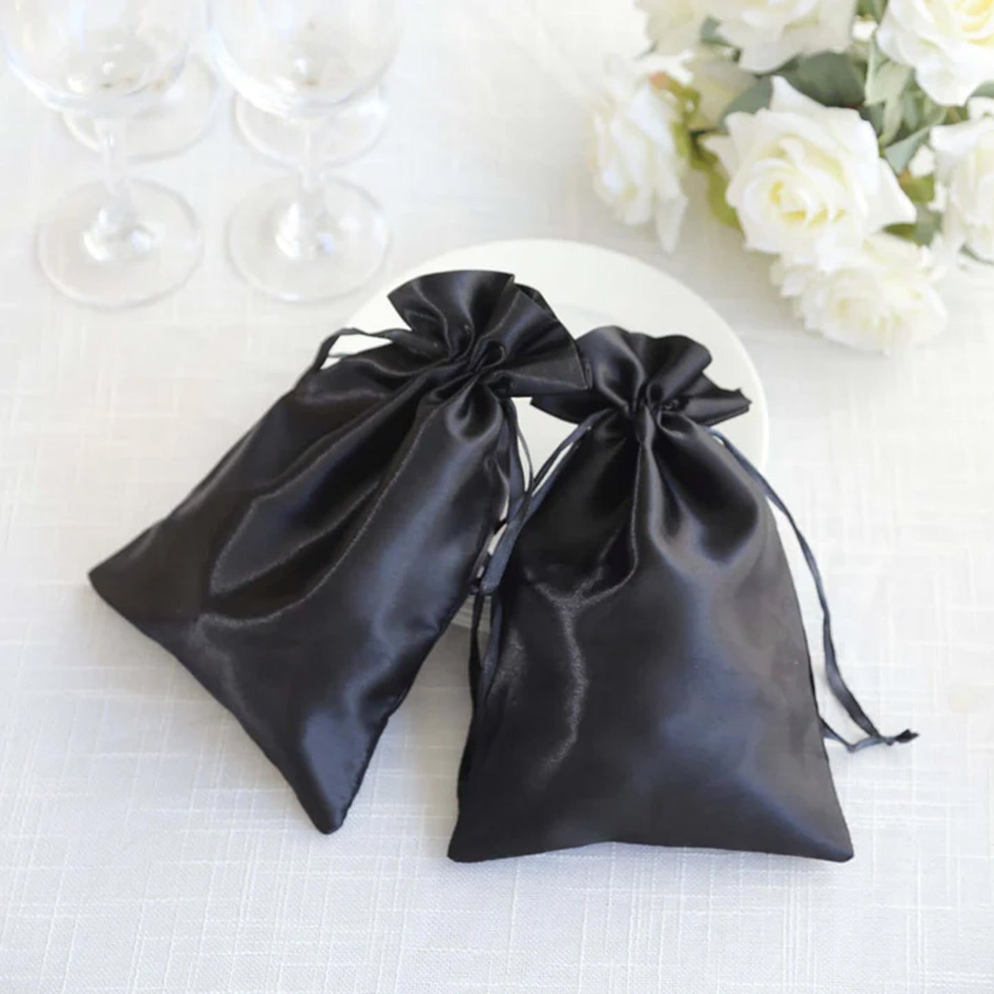 60 Pack 6"x9" Black Satin Wedding Party Favor Bags, Drawstring Pouch Gift Bags
