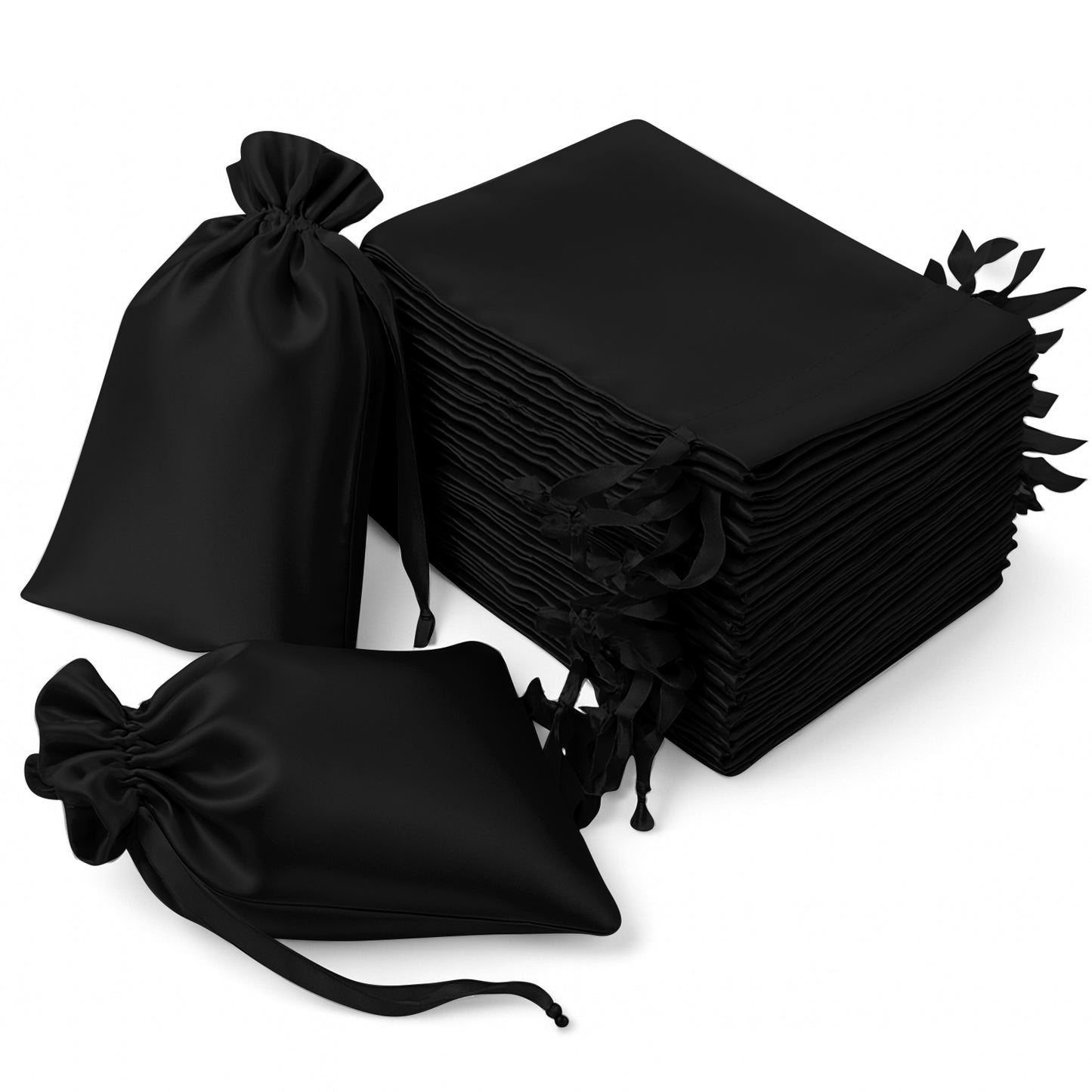 60 Pack 6"x9" Black Satin Wedding Party Favor Bags, Drawstring Pouch Gift Bags