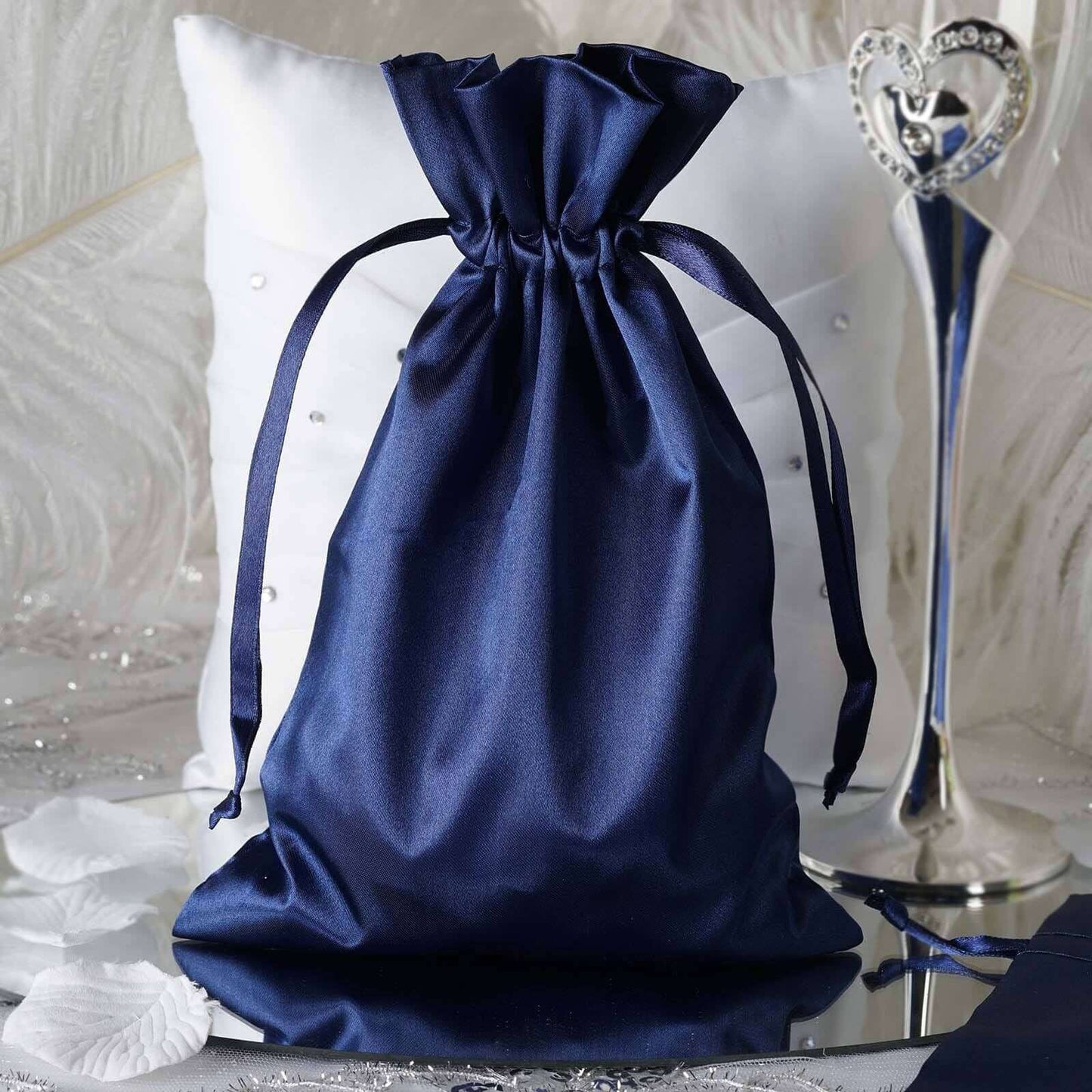 60 Pack 6"x9" Navy Blue Satin Wedding Party Favor Bags, Drawstring Pouch Gift Bags