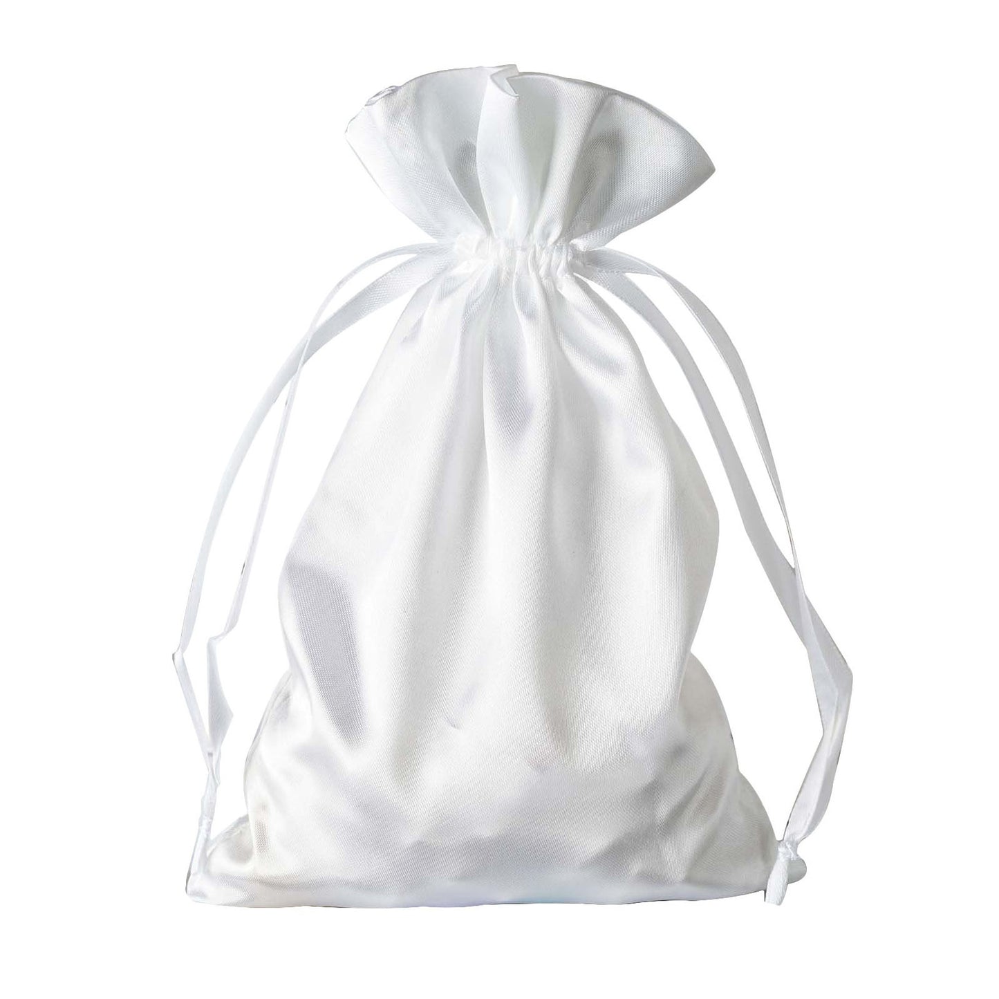 White satin drawstring pouch gift bag for wedding favors.