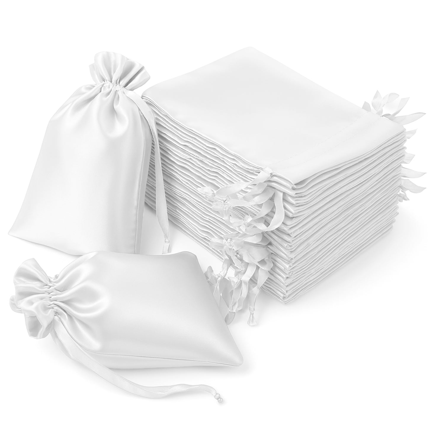 White satin wedding favor bags, 60 pack, drawstring pouches.