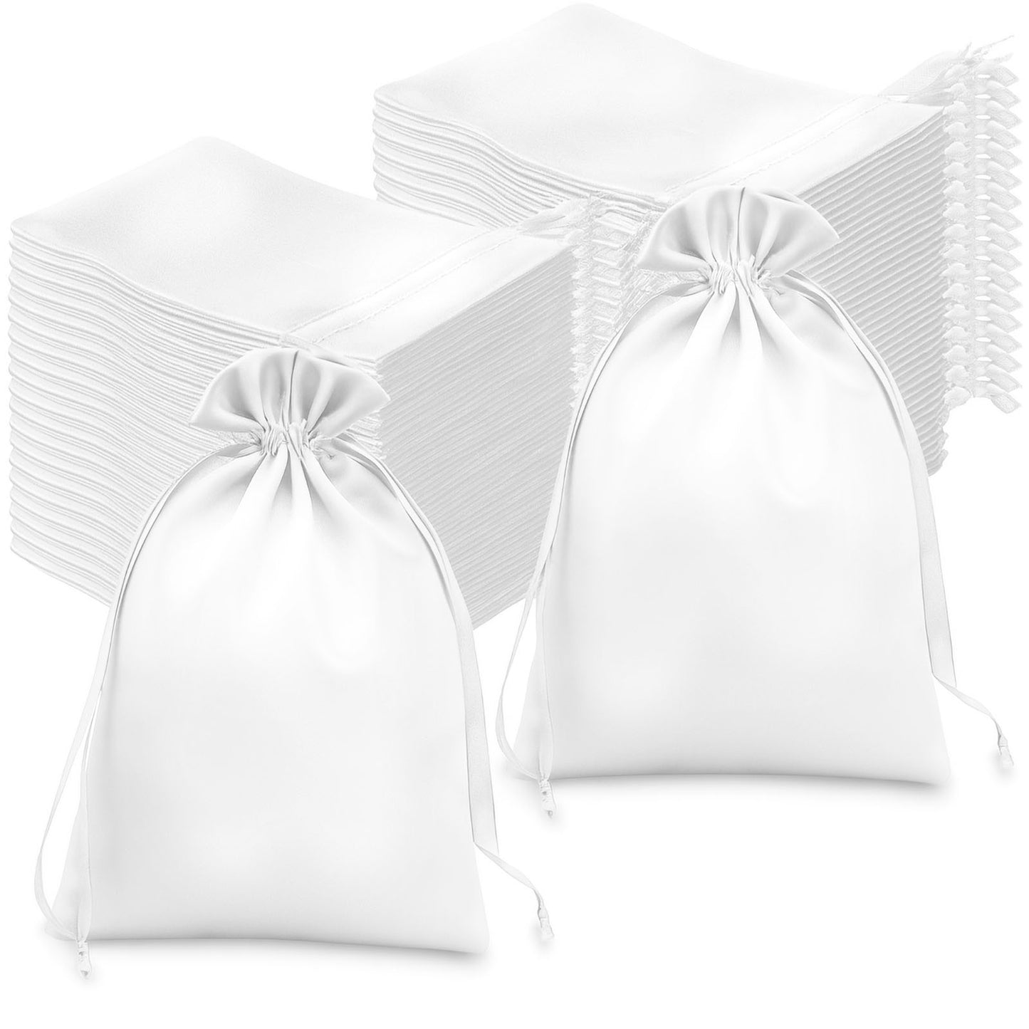 White satin drawstring gift bags for weddings and parties.
