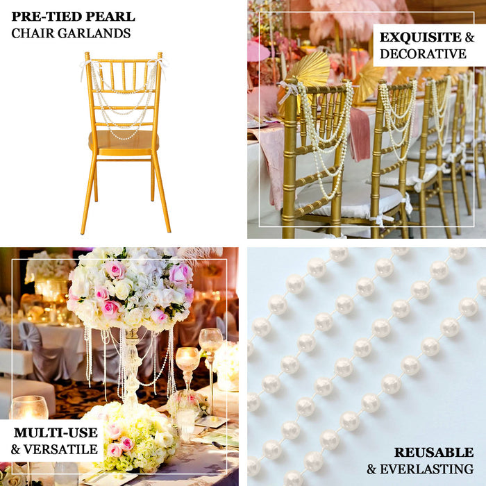 Iridescent faux pearl beaded chair back garland for wedding decor.