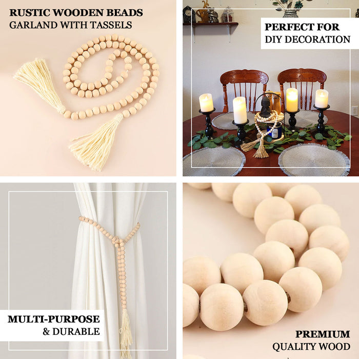 Cream rustic wood bead garland with tassels for farmhouse decor.