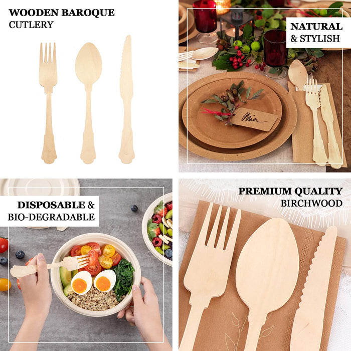 Vintage Baroque design disposable wooden utensils set, eco-friendly and biodegradable.