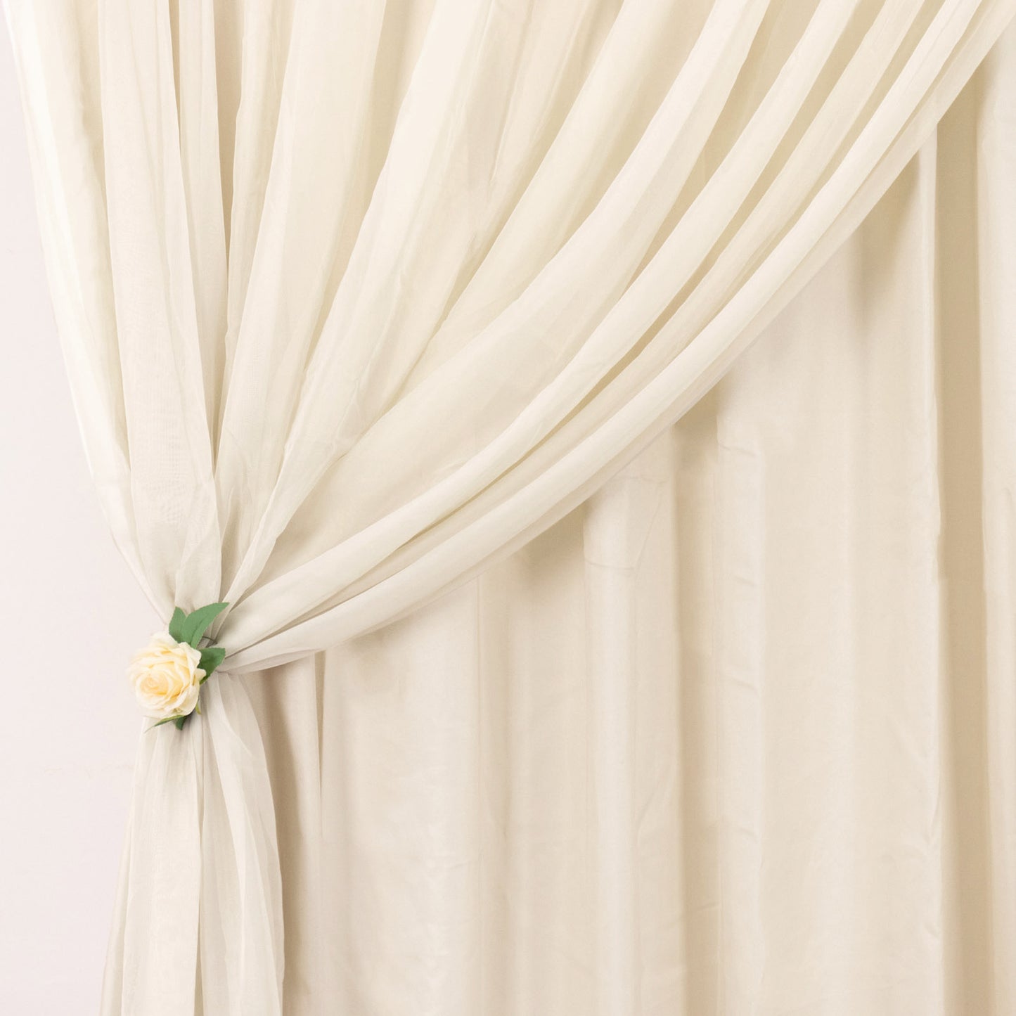 Beige chiffon polyester event curtain drapes with dual layer design.