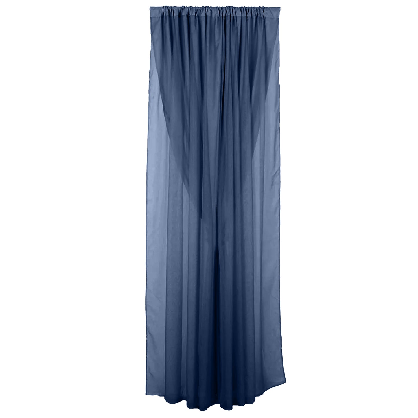 Navy blue chiffon curtain drapes for event backdrop or divider.