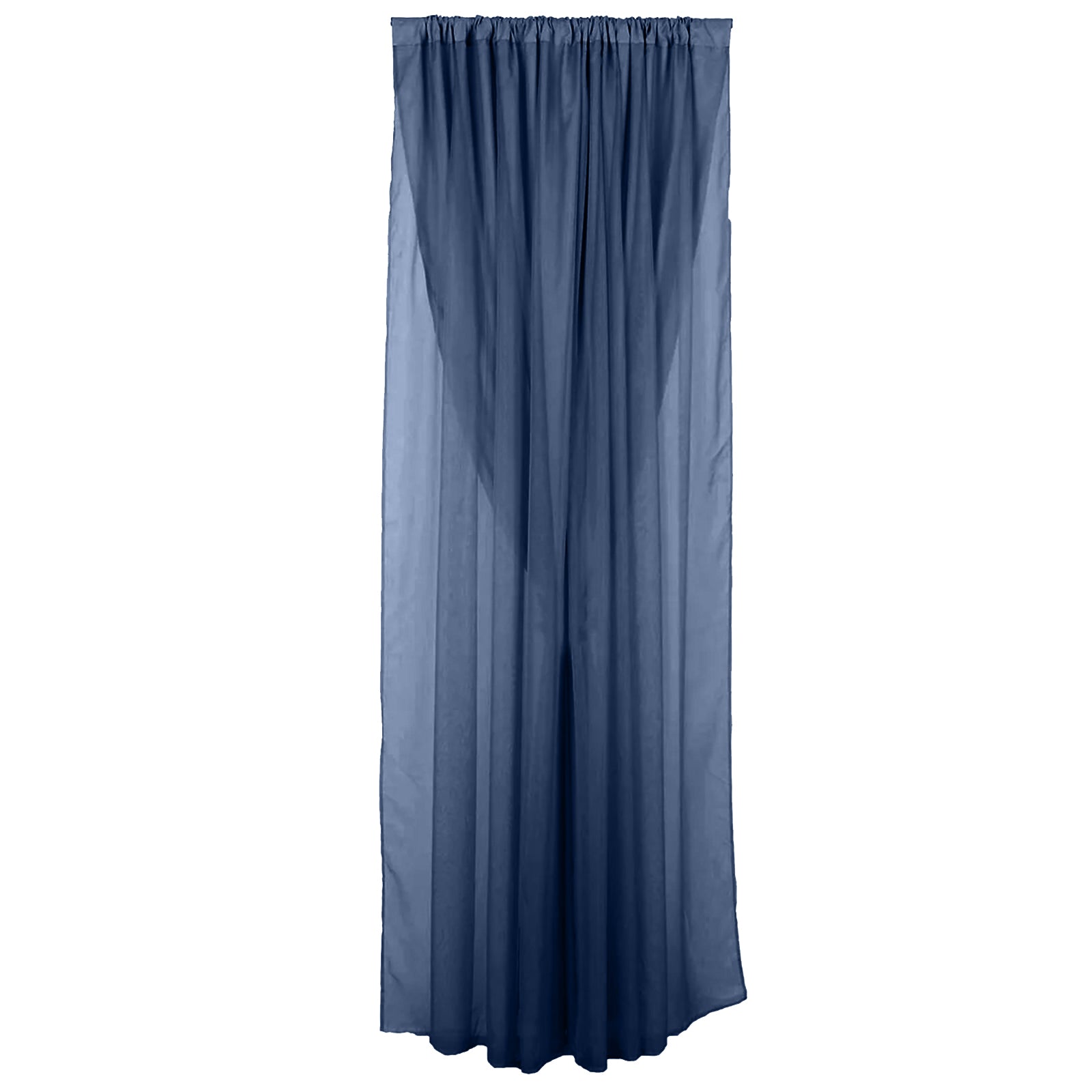 Navy blue chiffon curtain drapes for event backdrop or divider.