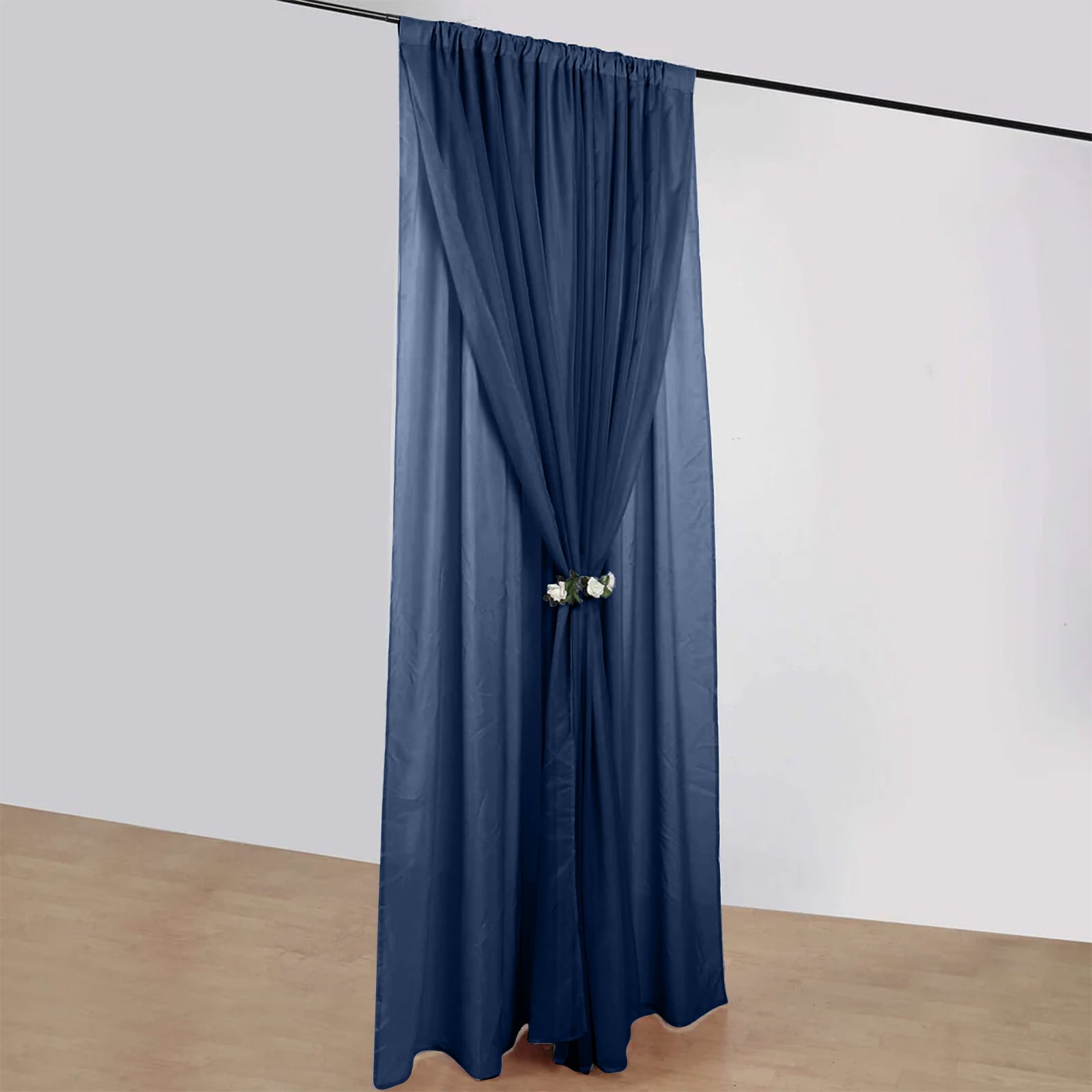 Navy blue chiffon curtain drapes with dual layer design, perfect for events.