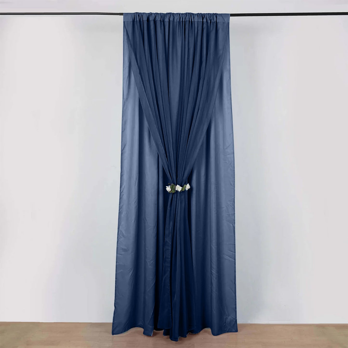 Navy blue chiffon polyester event curtain drapes with rod pockets.