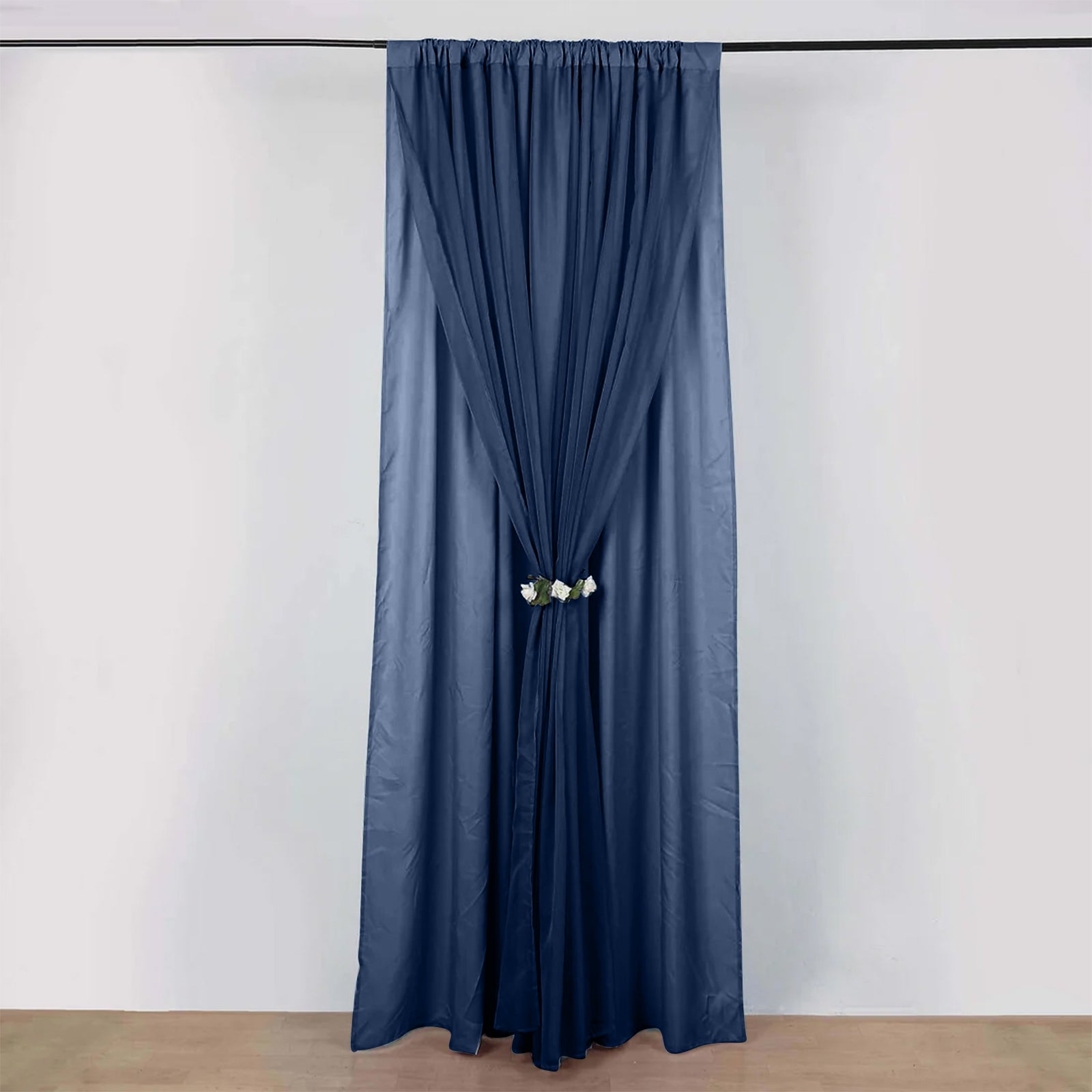 Navy blue chiffon polyester event curtain drapes with rod pockets.