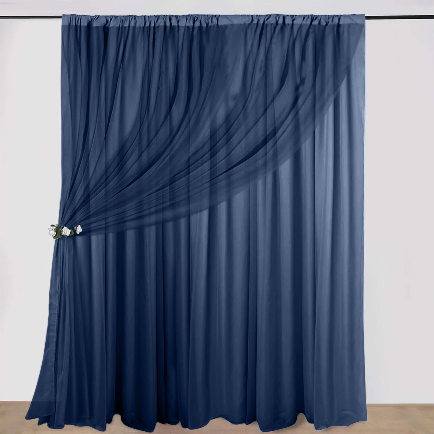 Navy blue chiffon curtain drapes with dual layer design and rod pockets.