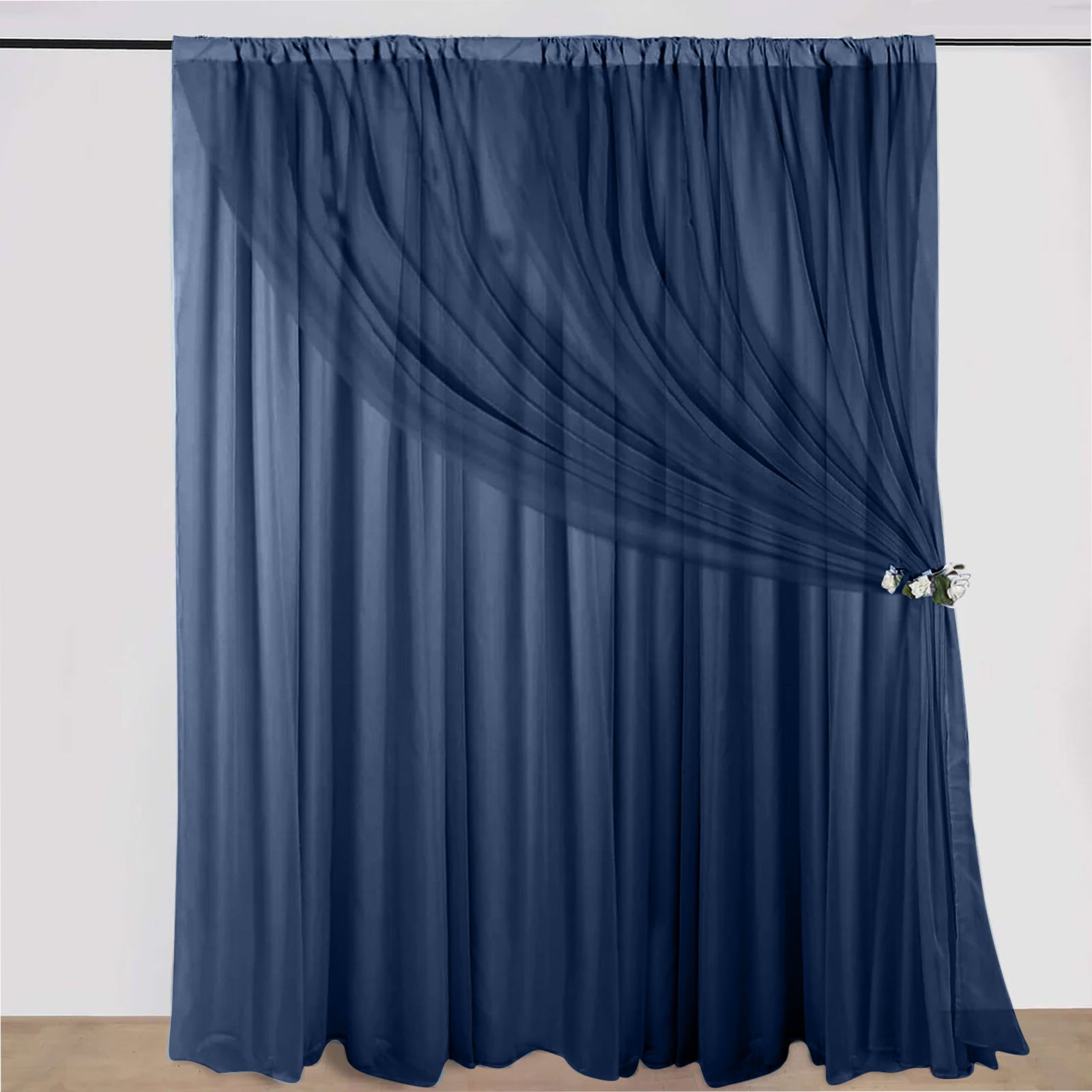 Navy blue chiffon curtain drapes with rod pockets, 10ft x 10ft size.
