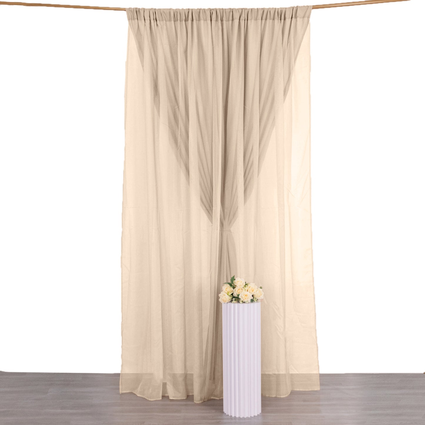 Nude chiffon polyester event curtain drapes with dual layer design.