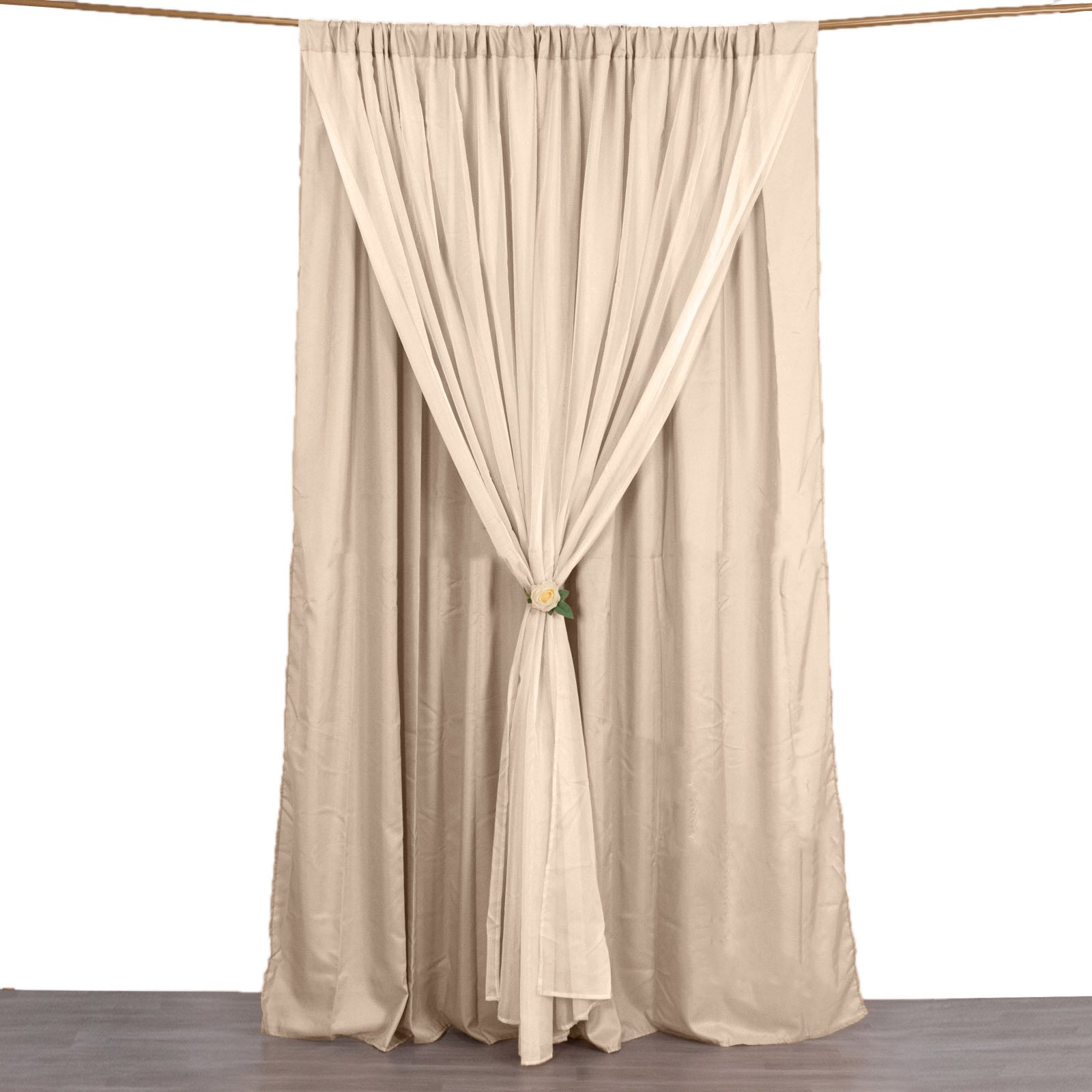 Nude chiffon polyester curtain drapes with rod pockets, 10ftx10ft.